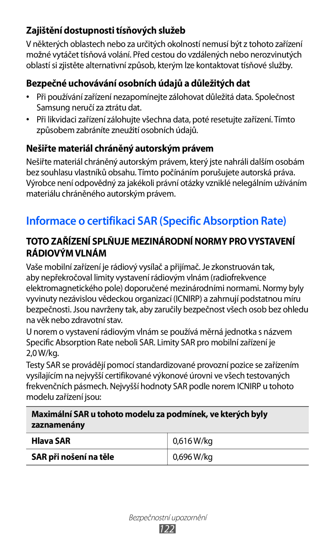 Samsung GT-S5839OKIVDC, GT2S5839OKITMZ, GT-S5839OKITMZ, GT-S5839OKITMS manual 122, Zajištění dostupnosti tísňových služeb 