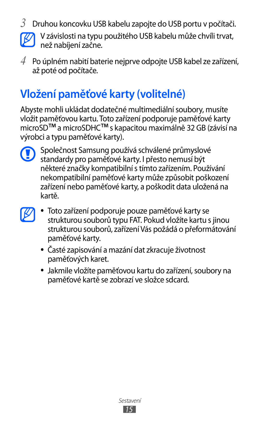 Samsung GT-S5839OKITMZ, GT2S5839OKITMZ, GT-S5839OKITMS, GT-S5839OKIVDC, GT-S5839UWITMS manual Vložení paměťové karty volitelné 