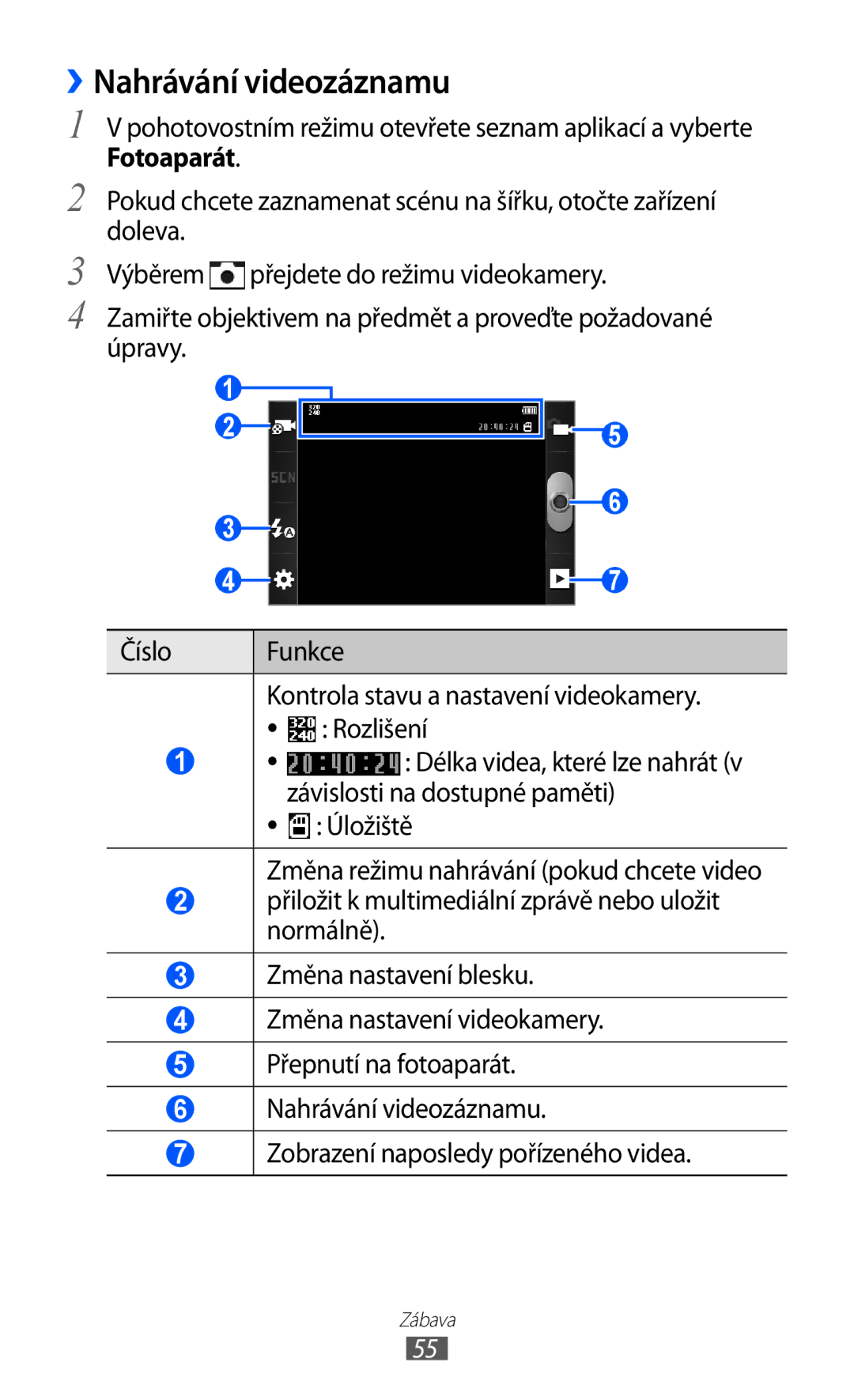 Samsung GT2S5839OKITMS, GT2S5839OKITMZ, GT-S5839OKITMZ manual ››Nahrávání videozáznamu, Závislosti na dostupné paměti 