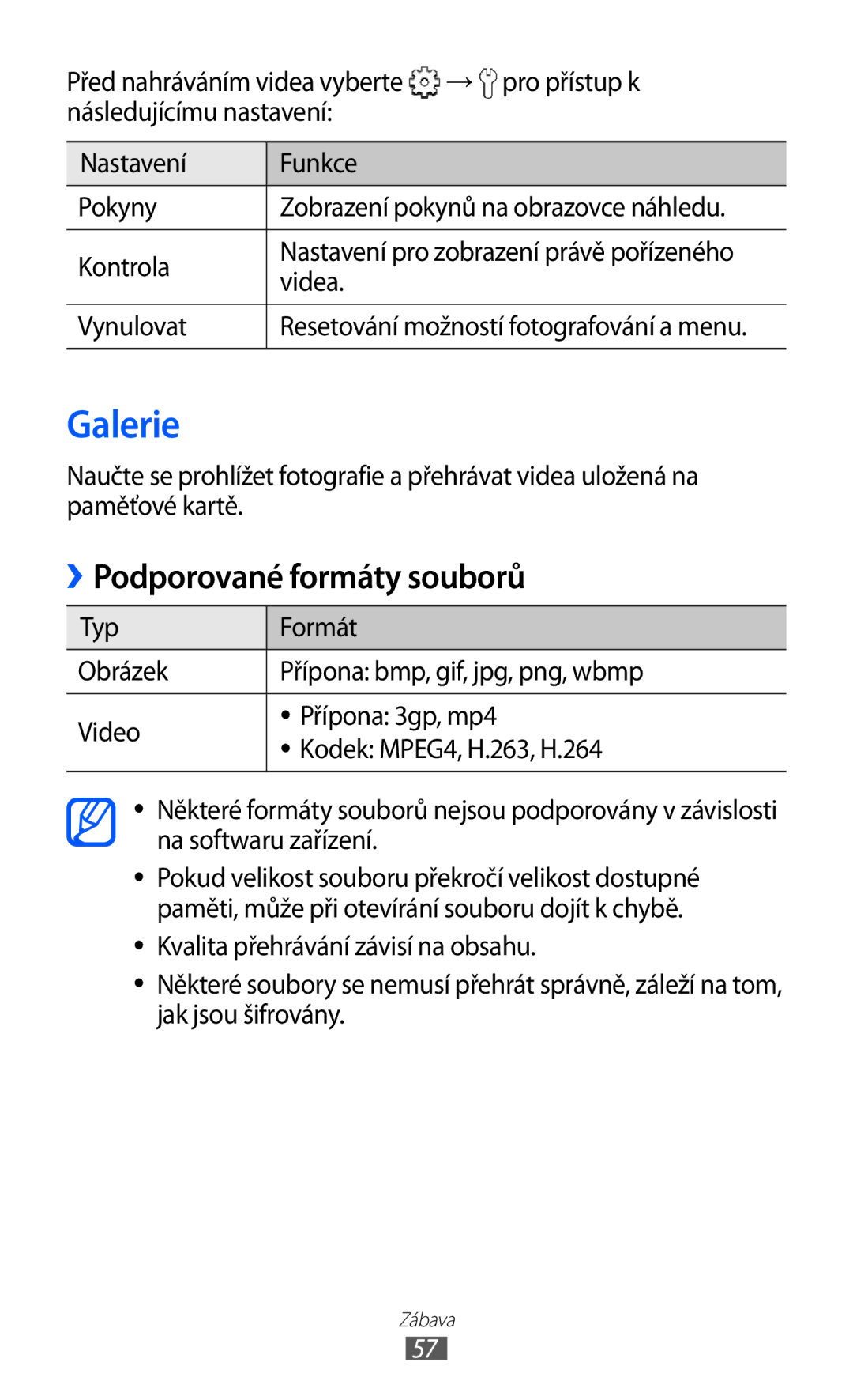Samsung GT-S5839OKITMZ, GT2S5839OKITMZ, GT-S5839OKITMS manual Galerie, ››Podporované formáty souborů, Videa Vynulovat 