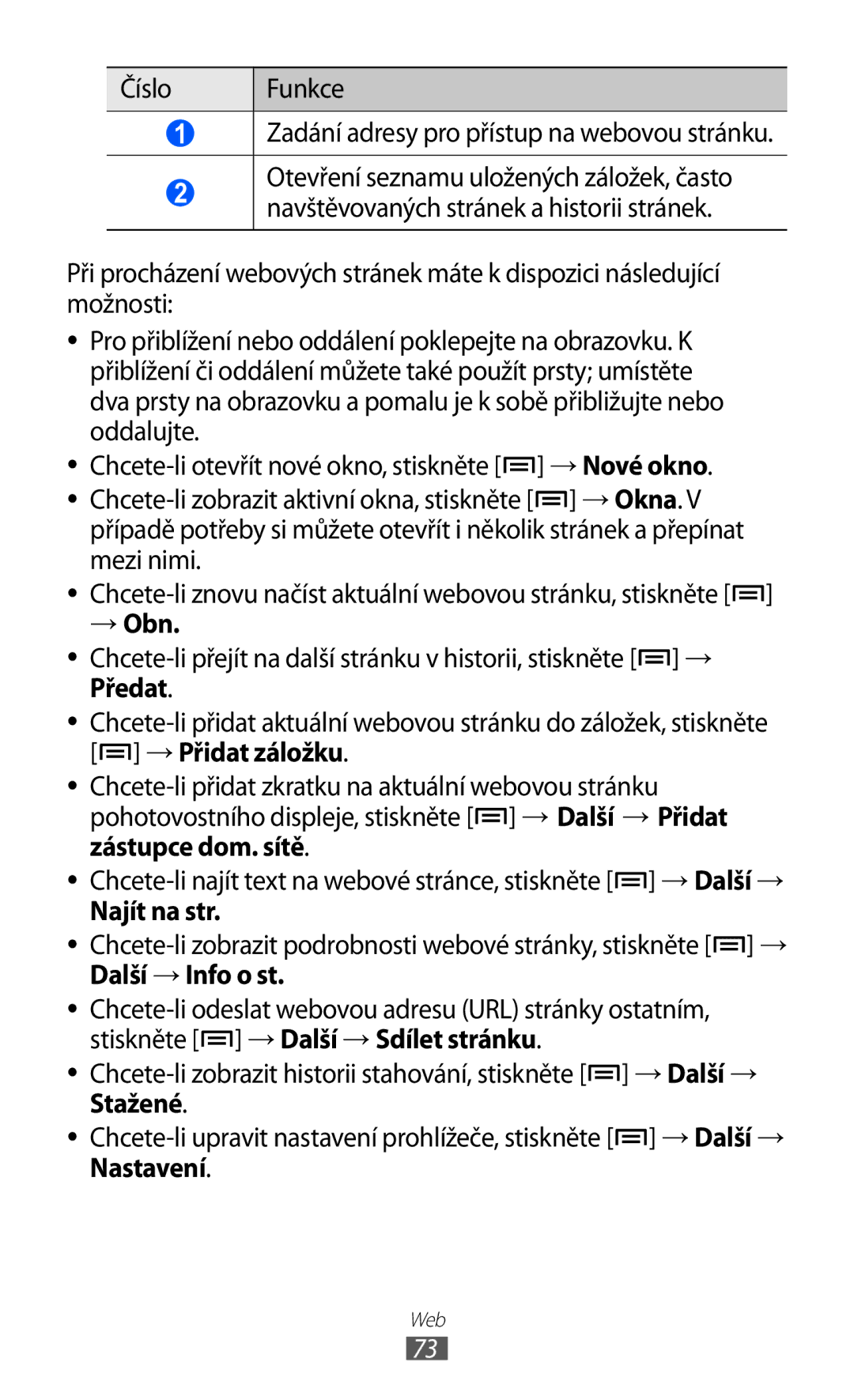 Samsung GT-S5839OKIVDC Číslo Funkce Zadání adresy pro přístup na webovou stránku, → Obn, Najít na str, Další → Info o st 