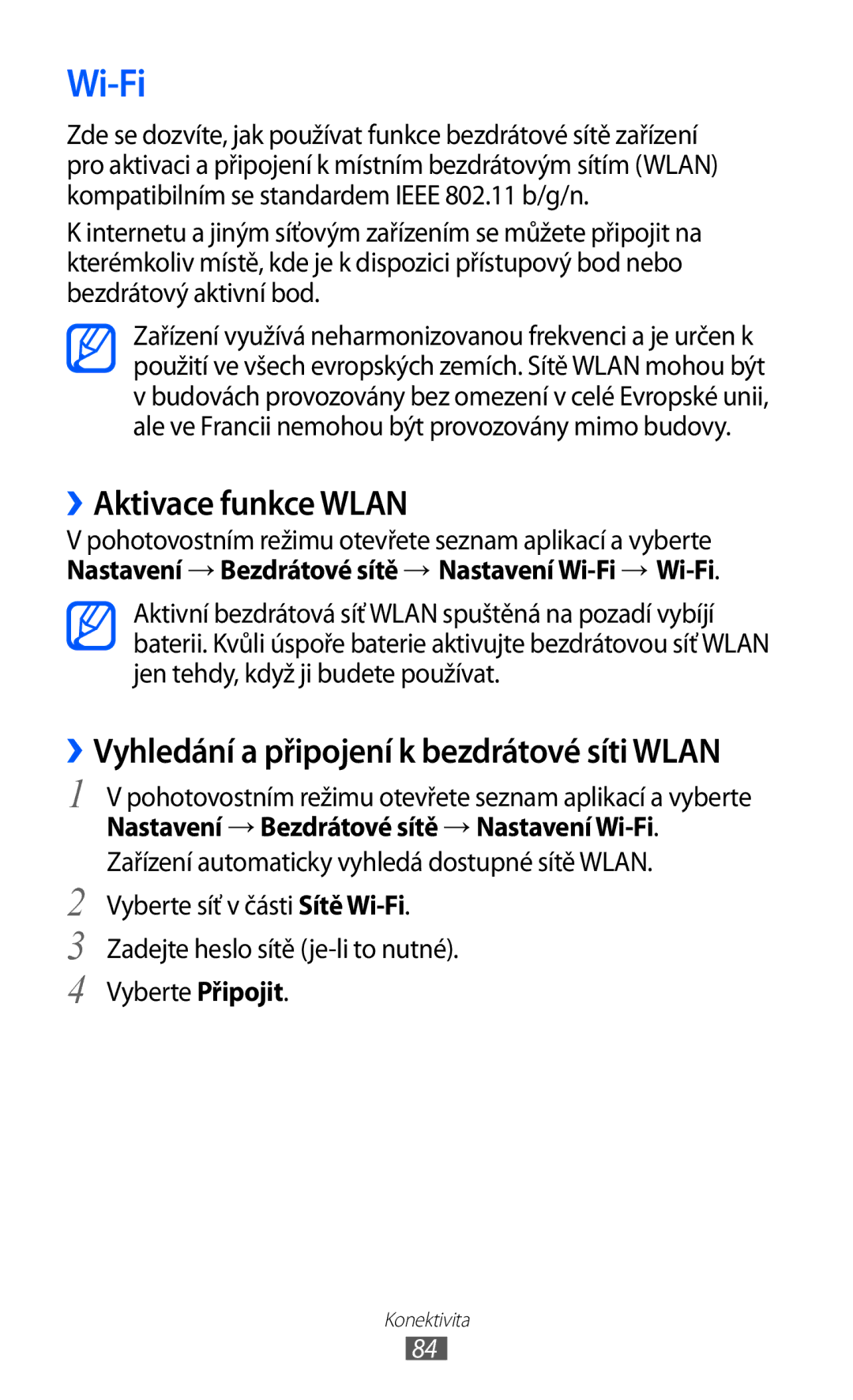 Samsung GT2S5839OKITMZ, GT-S5839OKITMZ manual Wi-Fi, ››Aktivace funkce Wlan, ››Vyhledání a připojení k bezdrátové síti Wlan 