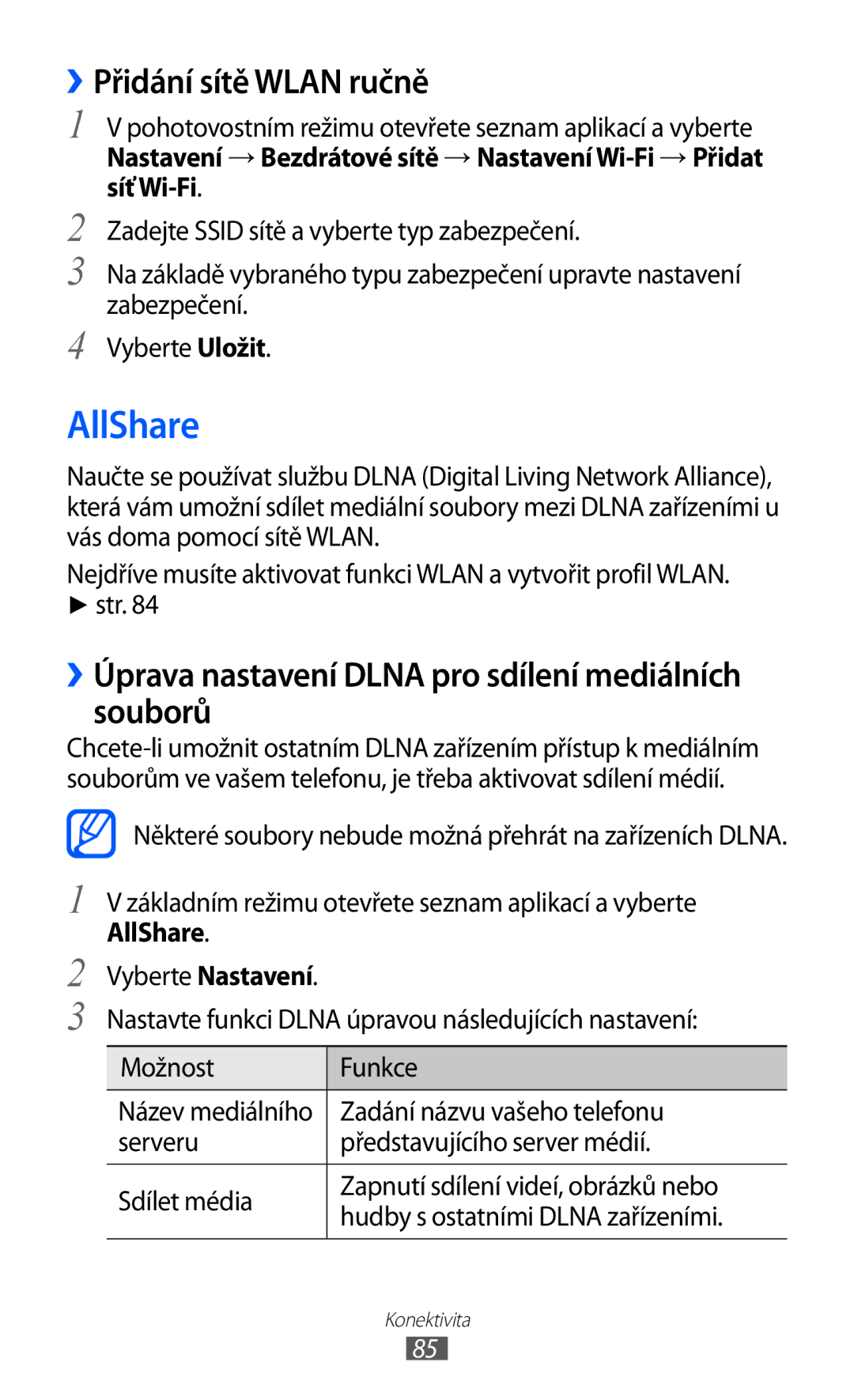 Samsung GT-S5839OKITMZ manual AllShare, ››Přidání sítě Wlan ručně, ››Úprava nastavení Dlna pro sdílení mediálních souborů 