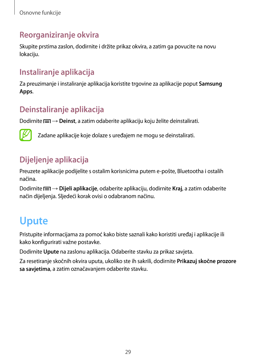 Samsung GT-S6310DBNVIP, GT2S6310ZWNVIP Upute, Instaliranje aplikacija, Deinstaliranje aplikacija, Dijeljenje aplikacija 