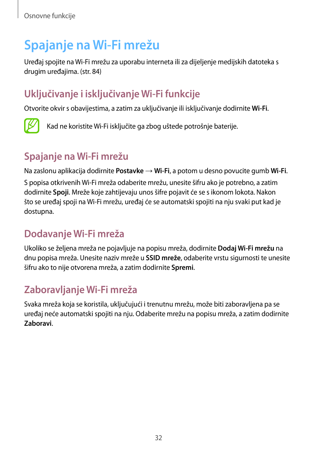 Samsung GT-S6310ZWNCRO manual Spajanje na Wi-Fi mrežu, Uključivanje i isključivanje Wi-Fi funkcije, Dodavanje Wi-Fi mreža 