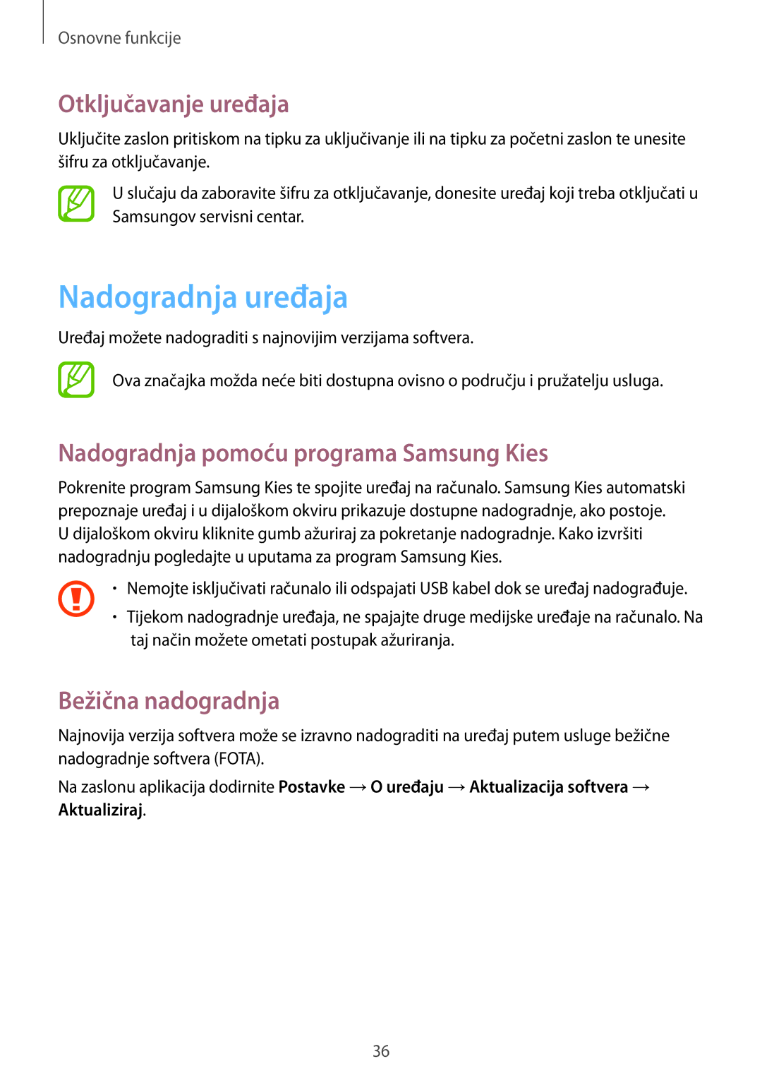 Samsung GT2S6310ZWNVIP manual Nadogradnja uređaja, Otključavanje uređaja, Nadogradnja pomoću programa Samsung Kies 