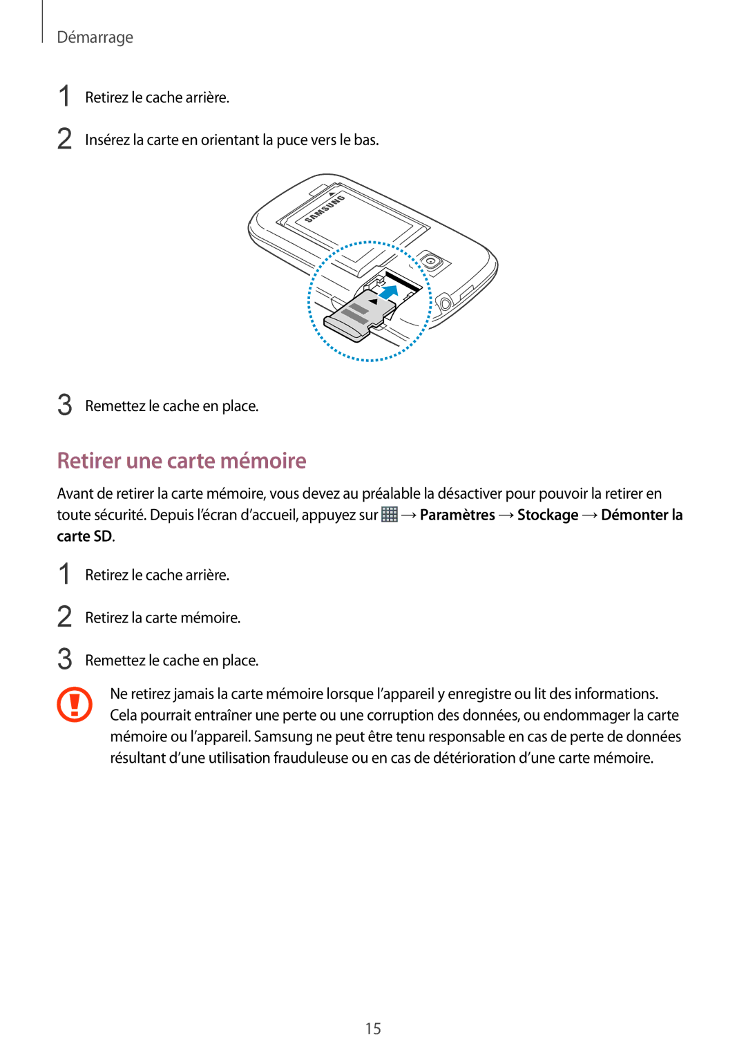 Samsung GT-S6312DBABGL, GT2S6312DBABGL, GT2S6312ZWABGL, GT-S6312WRABGL, GT2S6312WRABGL manual Retirer une carte mémoire 