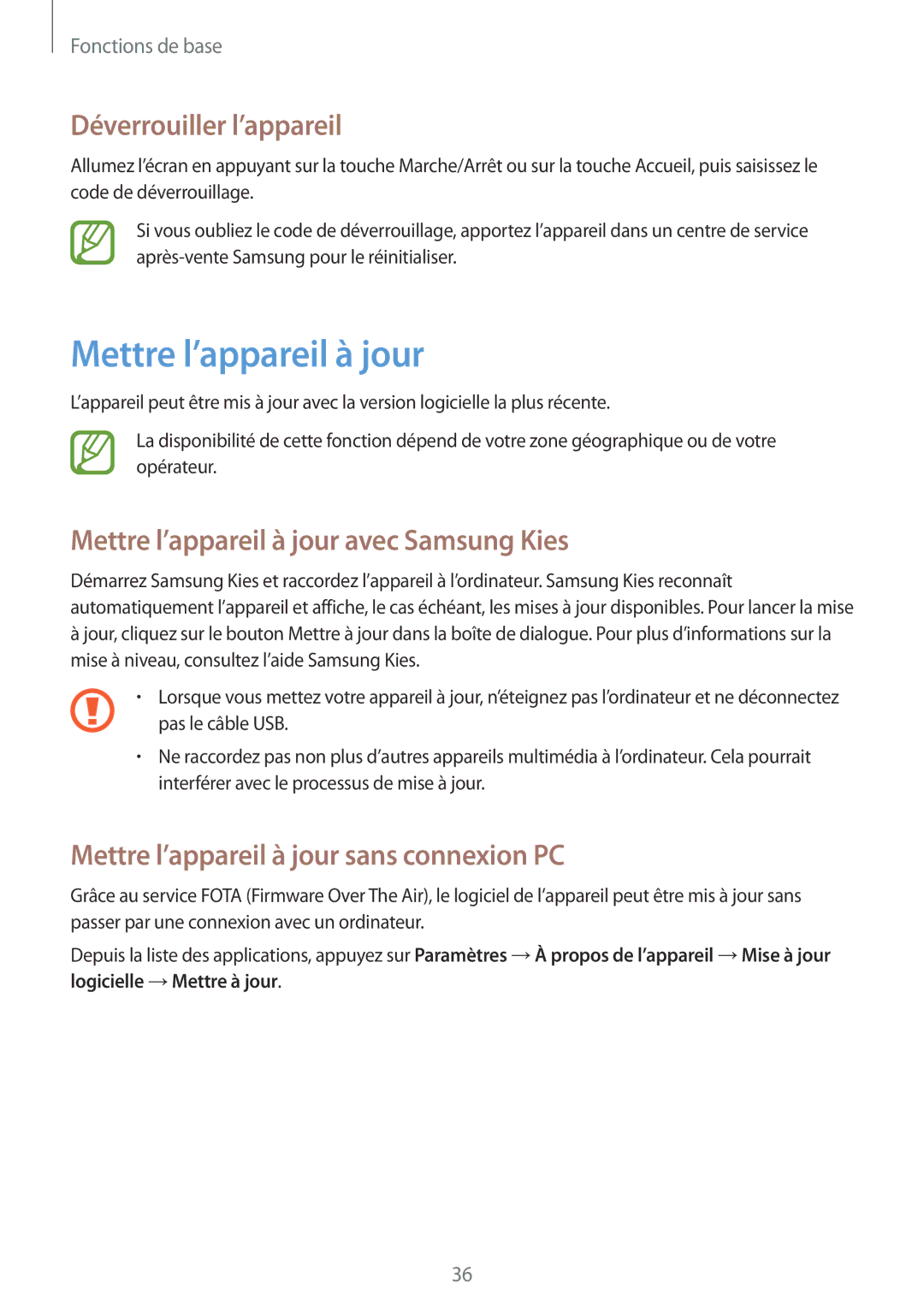 Samsung GT2S6312DBABGL, GT2S6312ZWABGL manual Déverrouiller l’appareil, Mettre l’appareil à jour avec Samsung Kies 