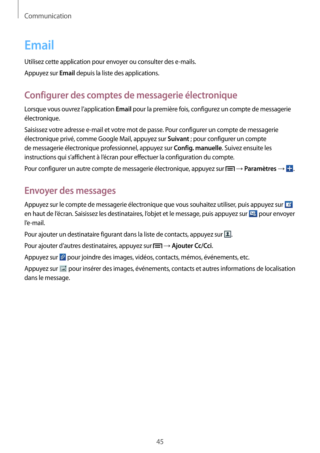 Samsung GT-S6312DBABGL, GT2S6312DBABGL, GT2S6312ZWABGL, GT-S6312WRABGL Configurer des comptes de messagerie électronique 