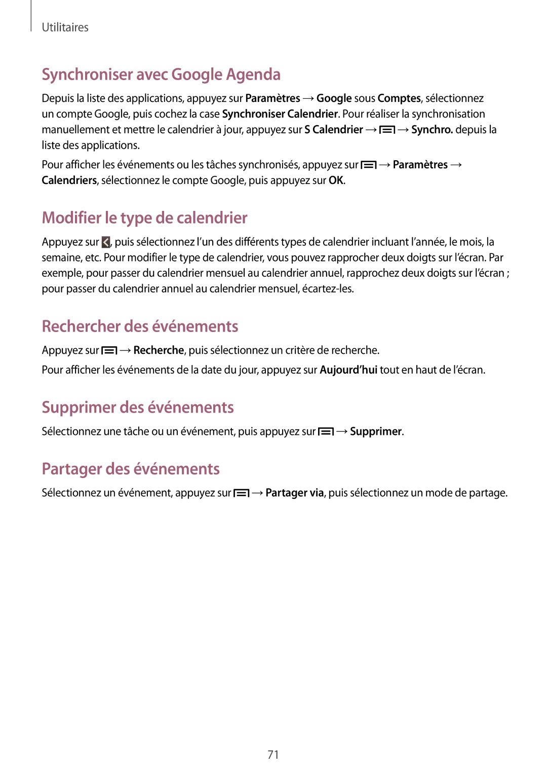 Samsung GT-S6312ZWABGL manual Synchroniser avec Google Agenda, Modifier le type de calendrier, Rechercher des événements 