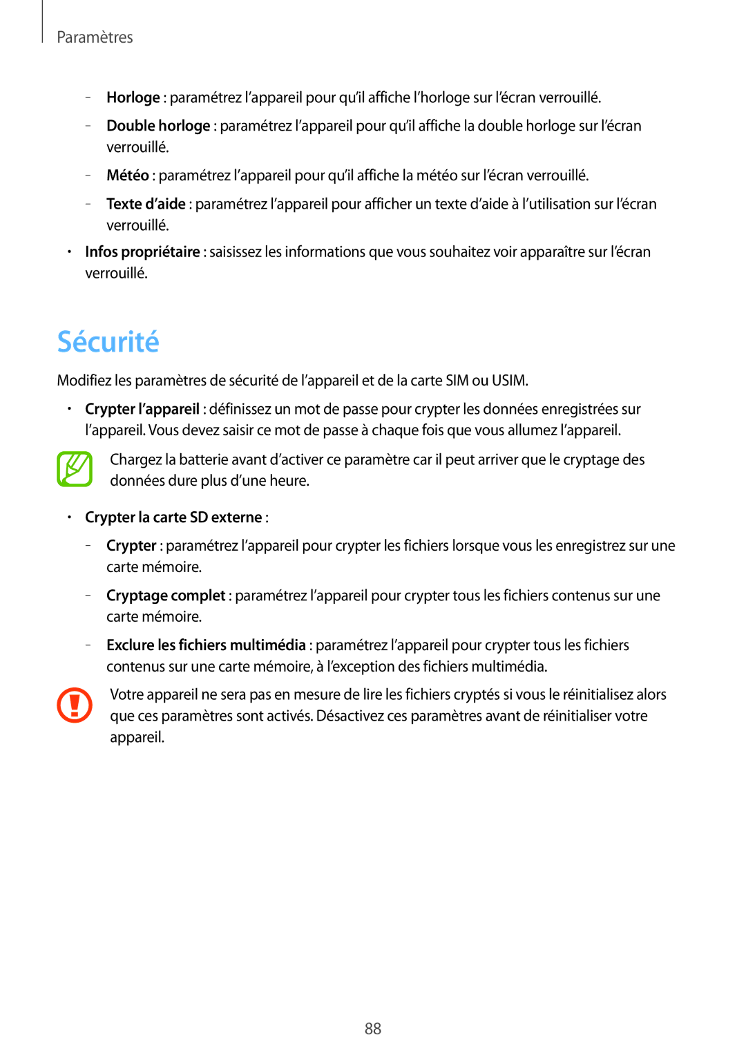 Samsung GT2S6312WRABGL, GT2S6312DBABGL, GT2S6312ZWABGL, GT-S6312WRABGL, GT-S6312DBABGL Sécurité, Crypter la carte SD externe 