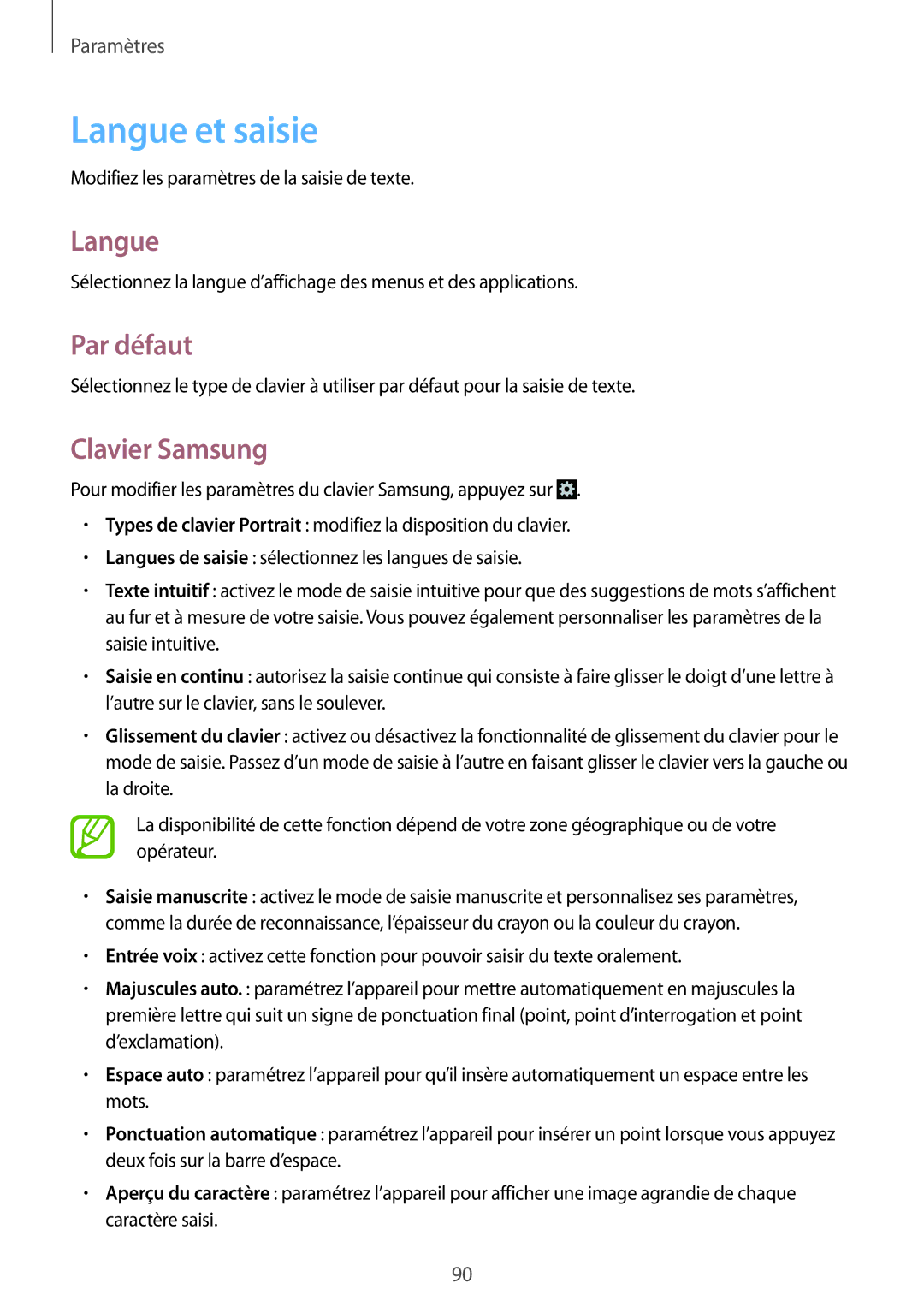 Samsung GT2S6312DBABGL, GT2S6312ZWABGL, GT-S6312WRABGL, GT-S6312DBABGL manual Langue et saisie, Par défaut, Clavier Samsung 