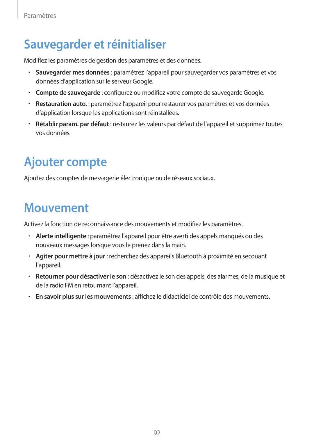 Samsung GT-S6312WRABGL, GT2S6312DBABGL, GT2S6312ZWABGL manual Sauvegarder et réinitialiser, Ajouter compte, Mouvement 