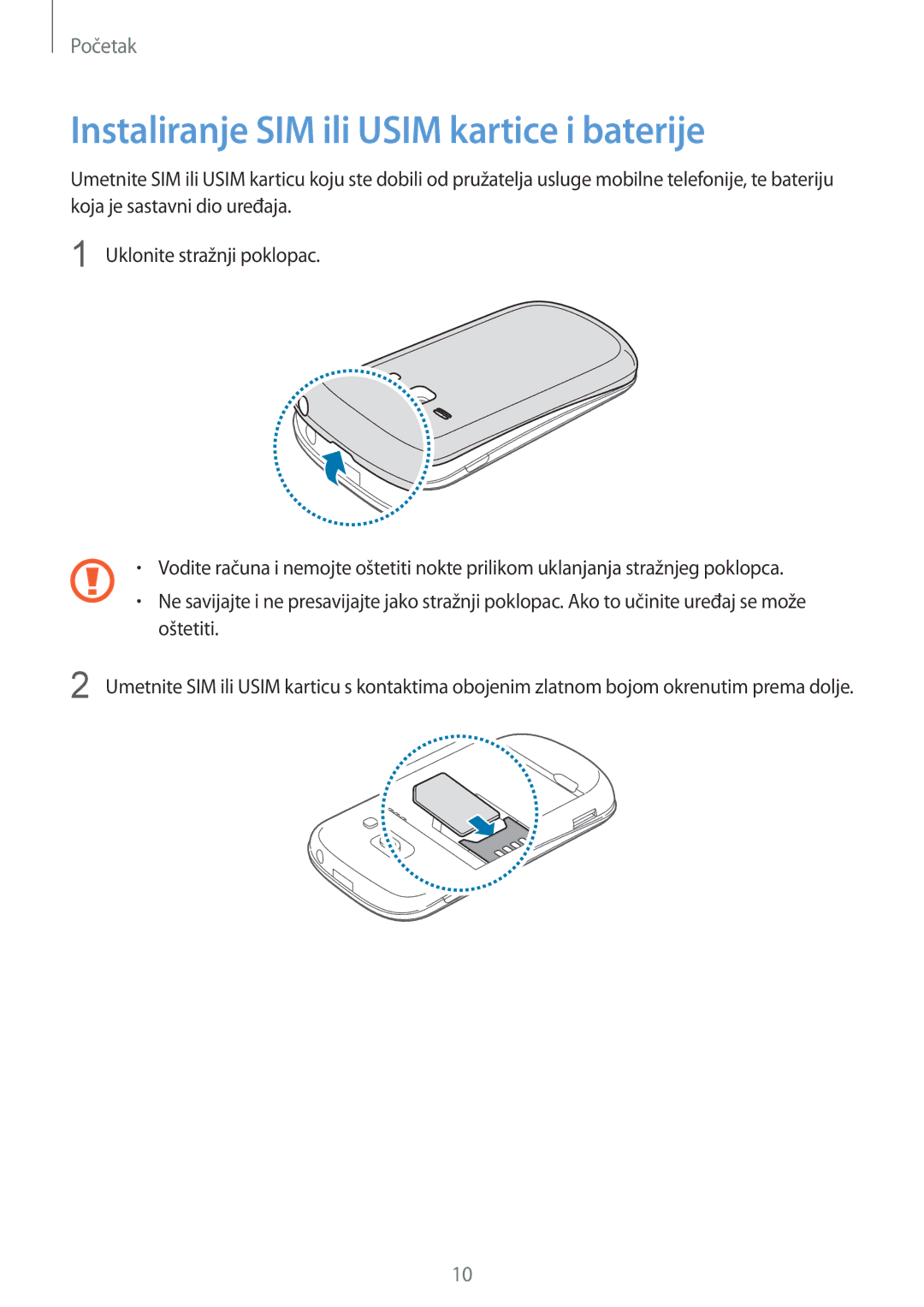 Samsung GT2S6810MBNCRO, GT2S6810PWNCRO, GT-S6810MBNSEE, GT-S6810PWNCRO manual Instaliranje SIM ili Usim kartice i baterije 