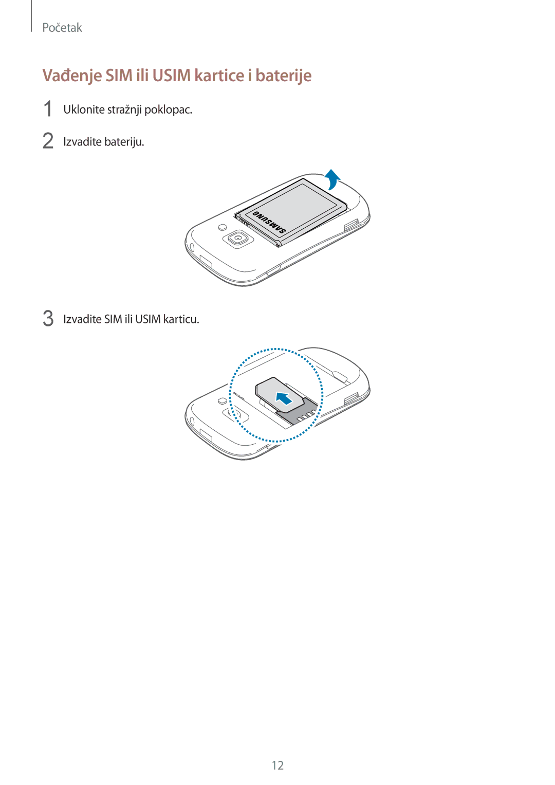 Samsung GT2S6810PWNCRO, GT-S6810MBNSEE, GT-S6810PWNCRO, GT-S6810MBNCRO manual Vađenje SIM ili Usim kartice i baterije 