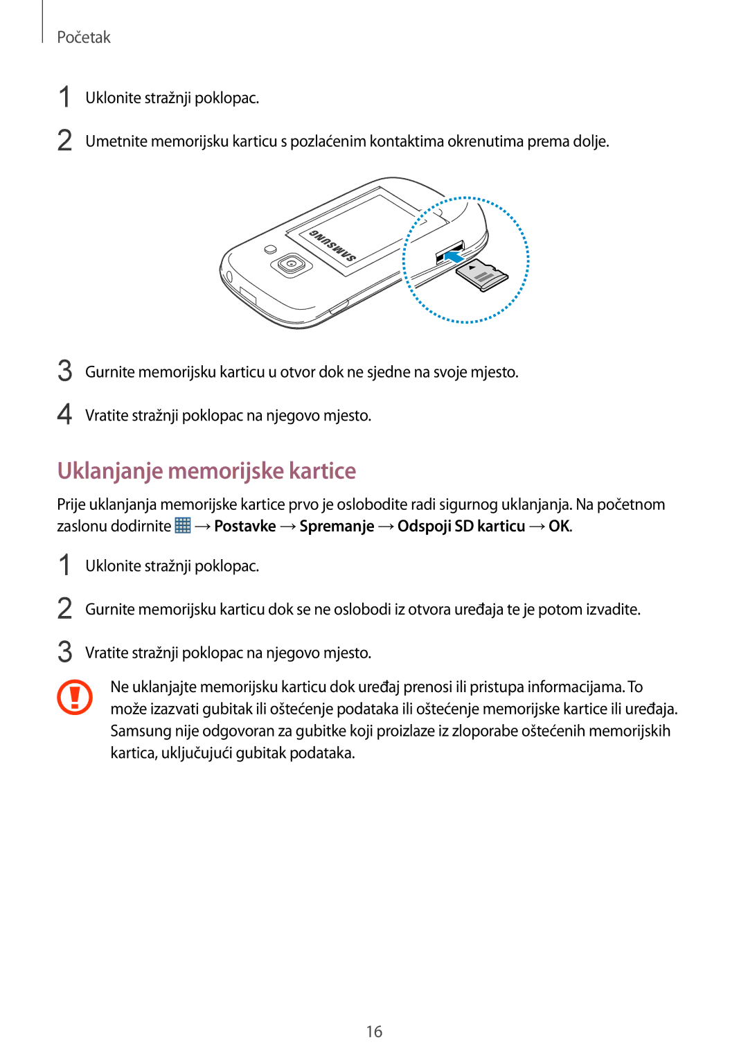 Samsung GT2S6810MBNCRO, GT2S6810PWNCRO, GT-S6810MBNSEE, GT-S6810PWNCRO, GT-S6810MBNCRO manual Uklanjanje memorijske kartice 