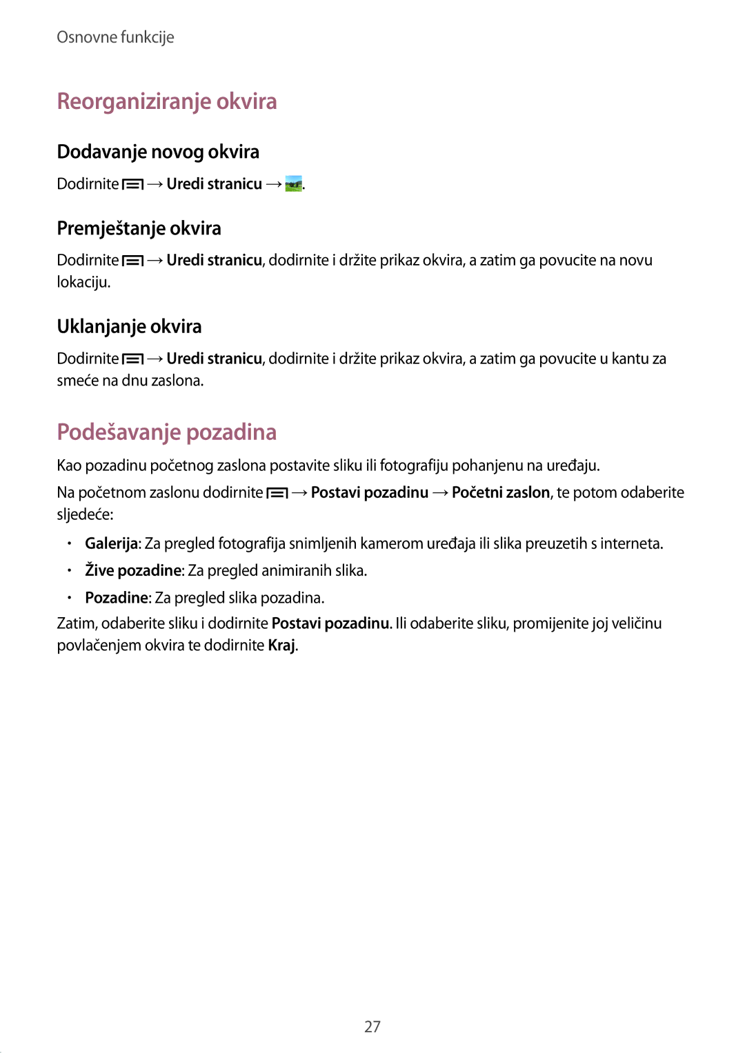 Samsung GT-S6810MBNCRO manual Reorganiziranje okvira, Podešavanje pozadina, Dodavanje novog okvira, Premještanje okvira 