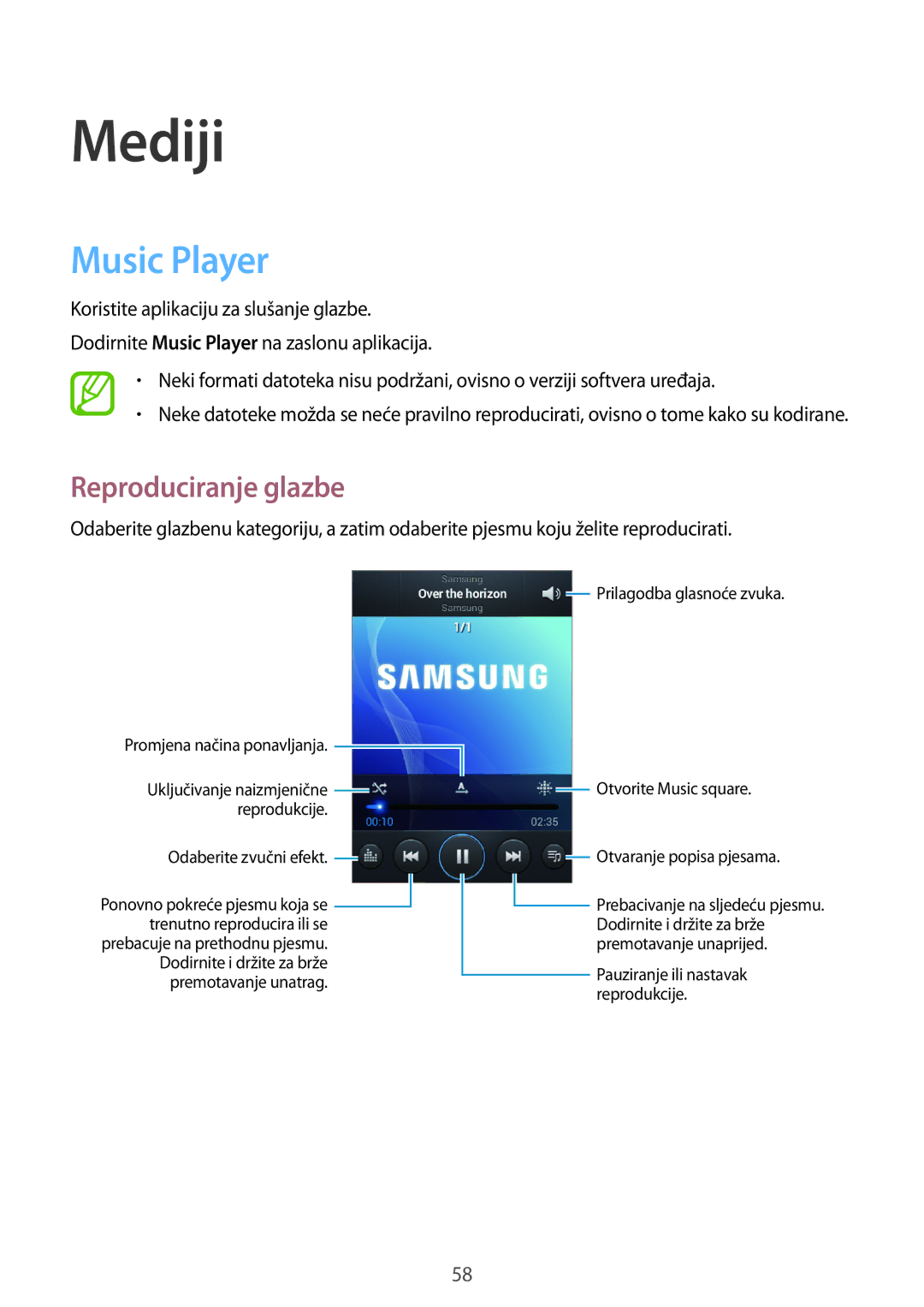 Samsung GT2S6810MBNCRO, GT2S6810PWNCRO, GT-S6810MBNSEE, GT-S6810PWNCRO manual Mediji, Music Player, Reproduciranje glazbe 