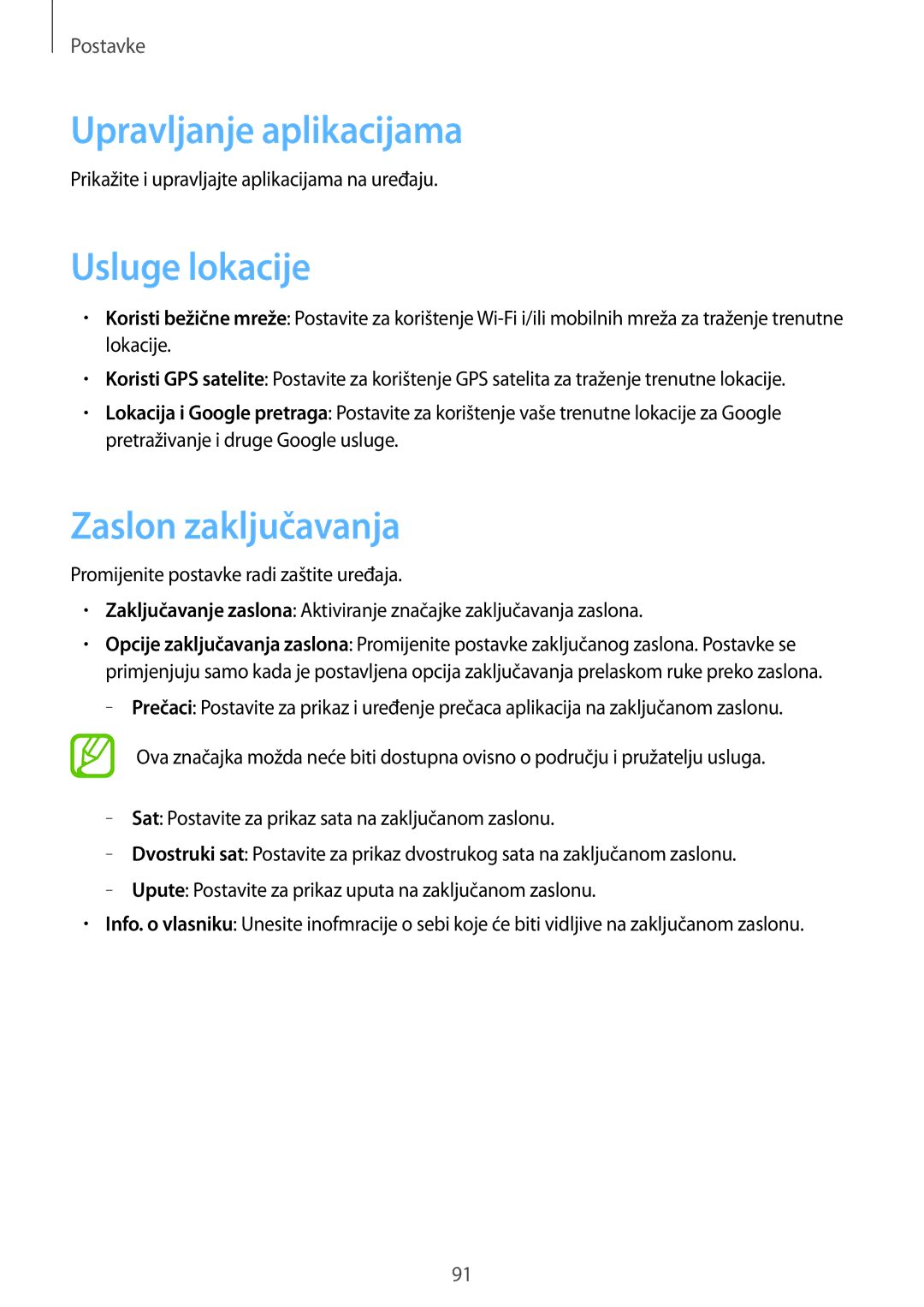 Samsung GT-S6810MBNSEE, GT2S6810PWNCRO, GT-S6810PWNCRO manual Upravljanje aplikacijama, Usluge lokacije, Zaslon zaključavanja 