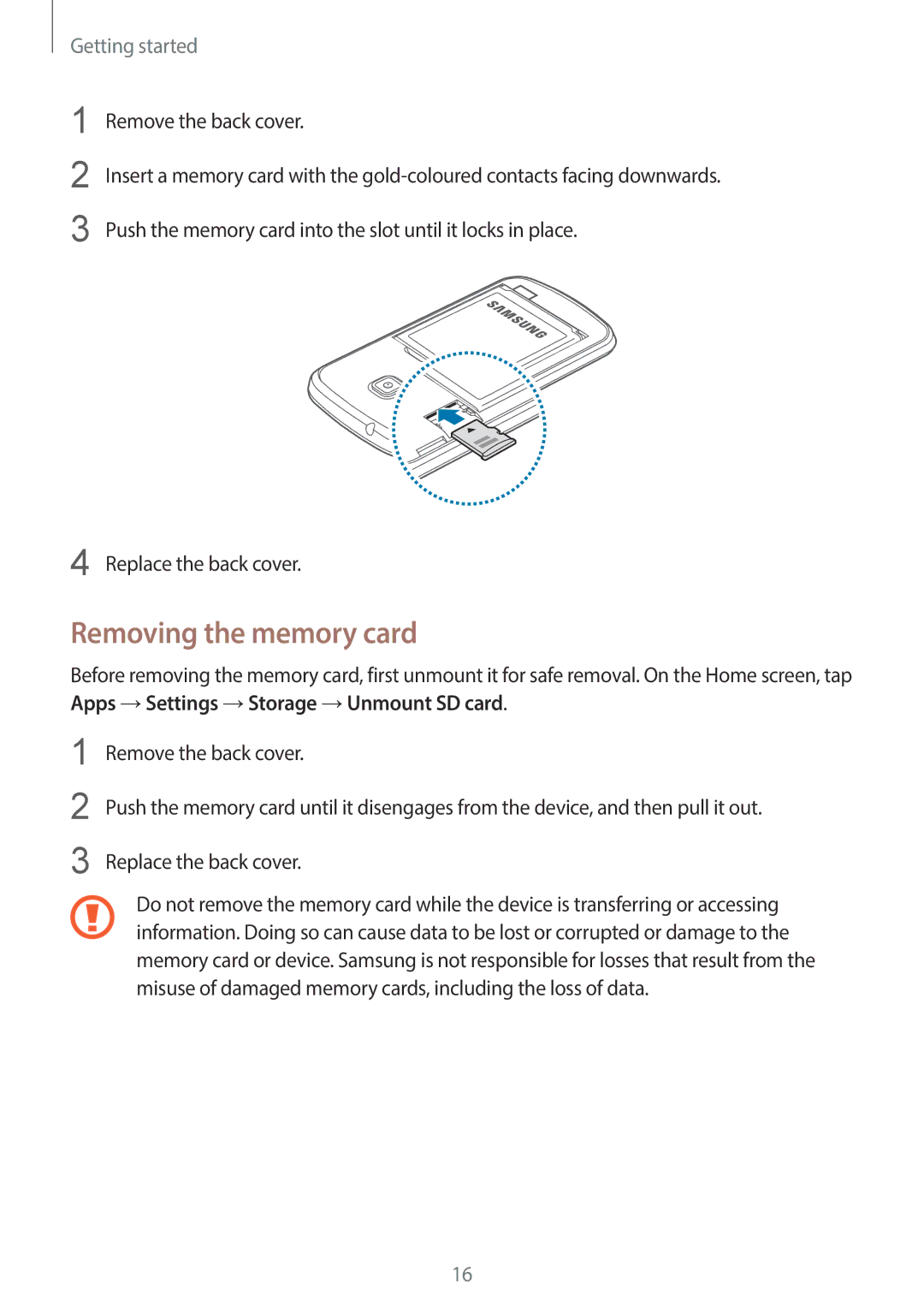 Samsung GT-S7390MKAXEF, GT2S7390MKADBT, GT-S7390RWATUR, GT-S7390RWATMN, GT-S7390MKATMN manual Removing the memory card 