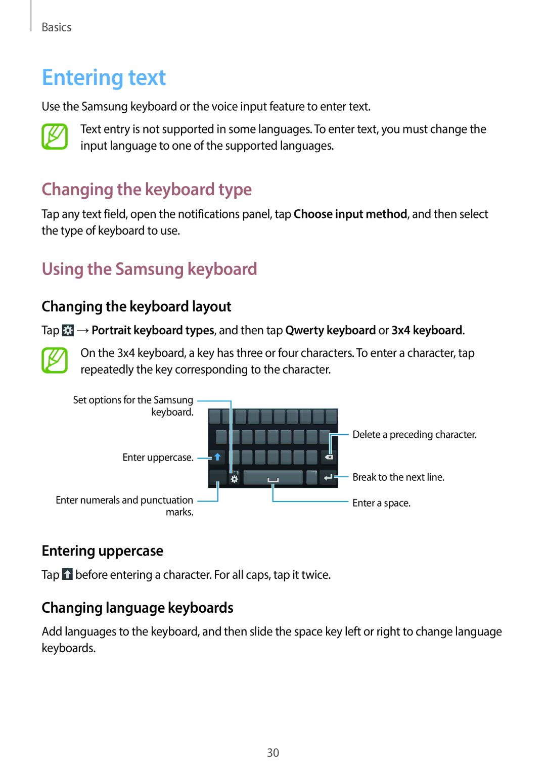 Samsung GT-S7390MKAMTL, GT2S7390MKADBT manual Entering text, Changing the keyboard type, Using the Samsung keyboard 