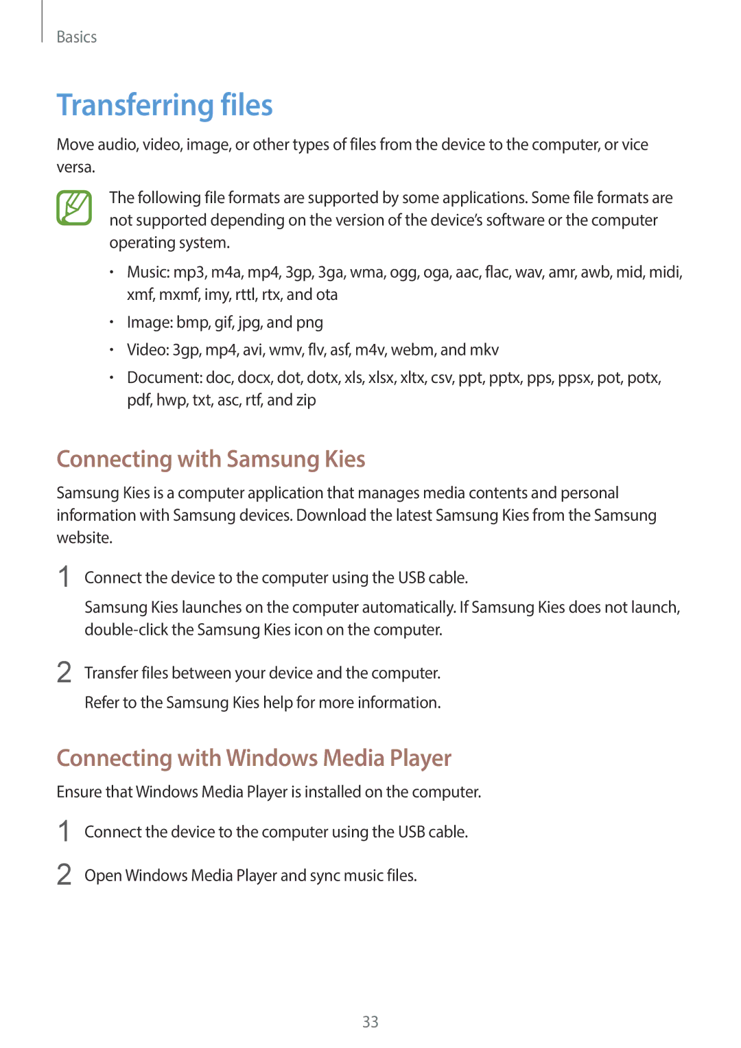 Samsung GT2S7390RWAXEH manual Transferring files, Connecting with Samsung Kies, Connecting with Windows Media Player 