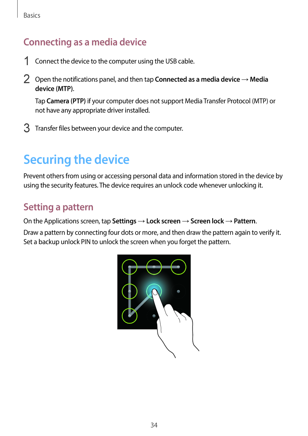 Samsung GT-S7390MKAATO, GT2S7390MKADBT Securing the device, Connecting as a media device, Setting a pattern, Device MTP 