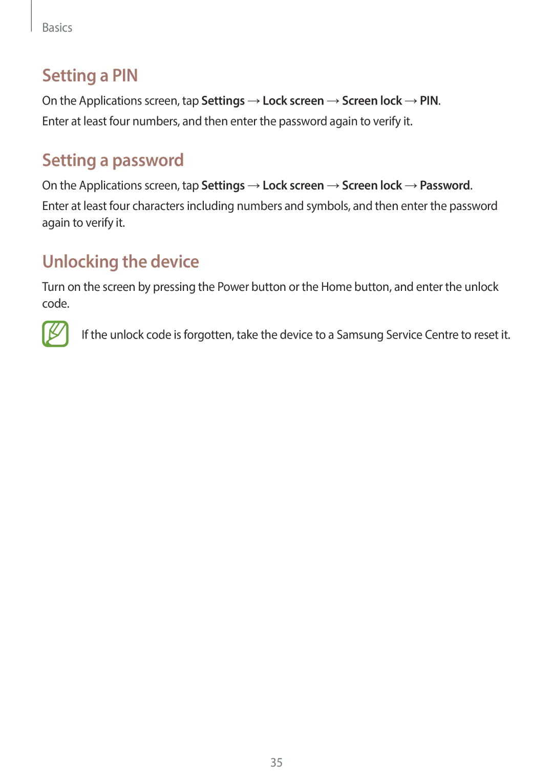 Samsung GT2S7390RWATMH, GT2S7390MKADBT, GT-S7390RWATUR manual Setting a PIN, Setting a password, Unlocking the device 