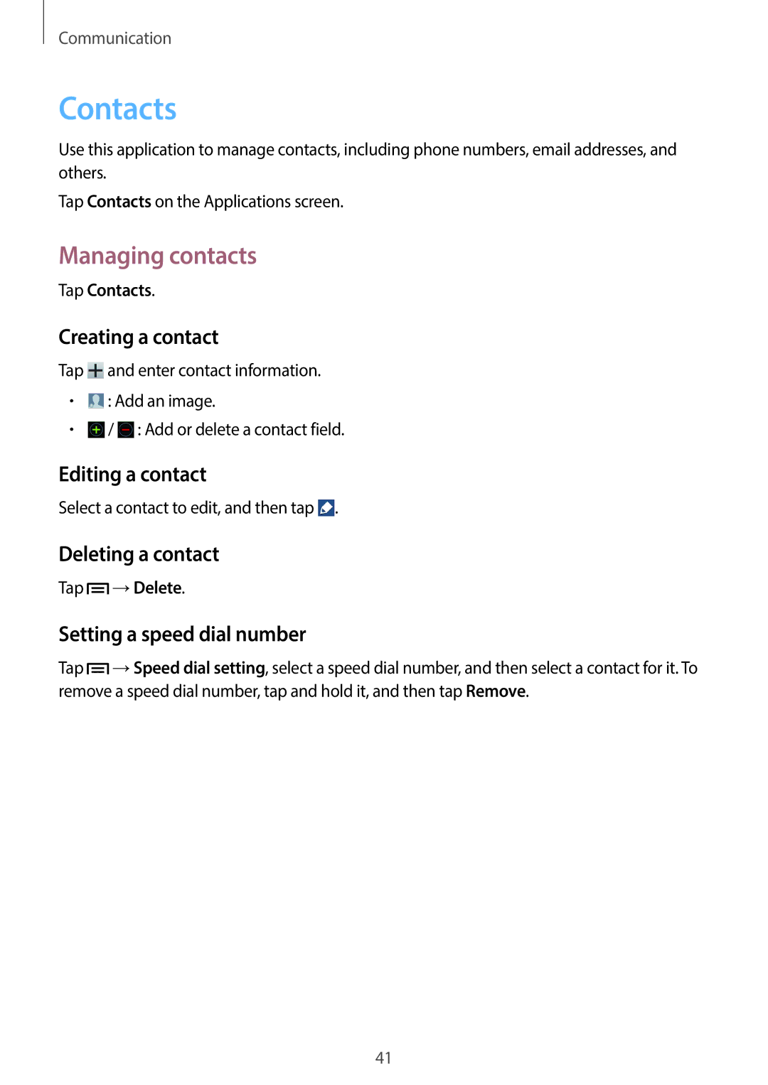 Samsung GT-S7390RWAPAN, GT2S7390MKADBT, GT-S7390RWATUR, GT-S7390RWATMN, GT-S7390MKATMN manual Contacts, Managing contacts 