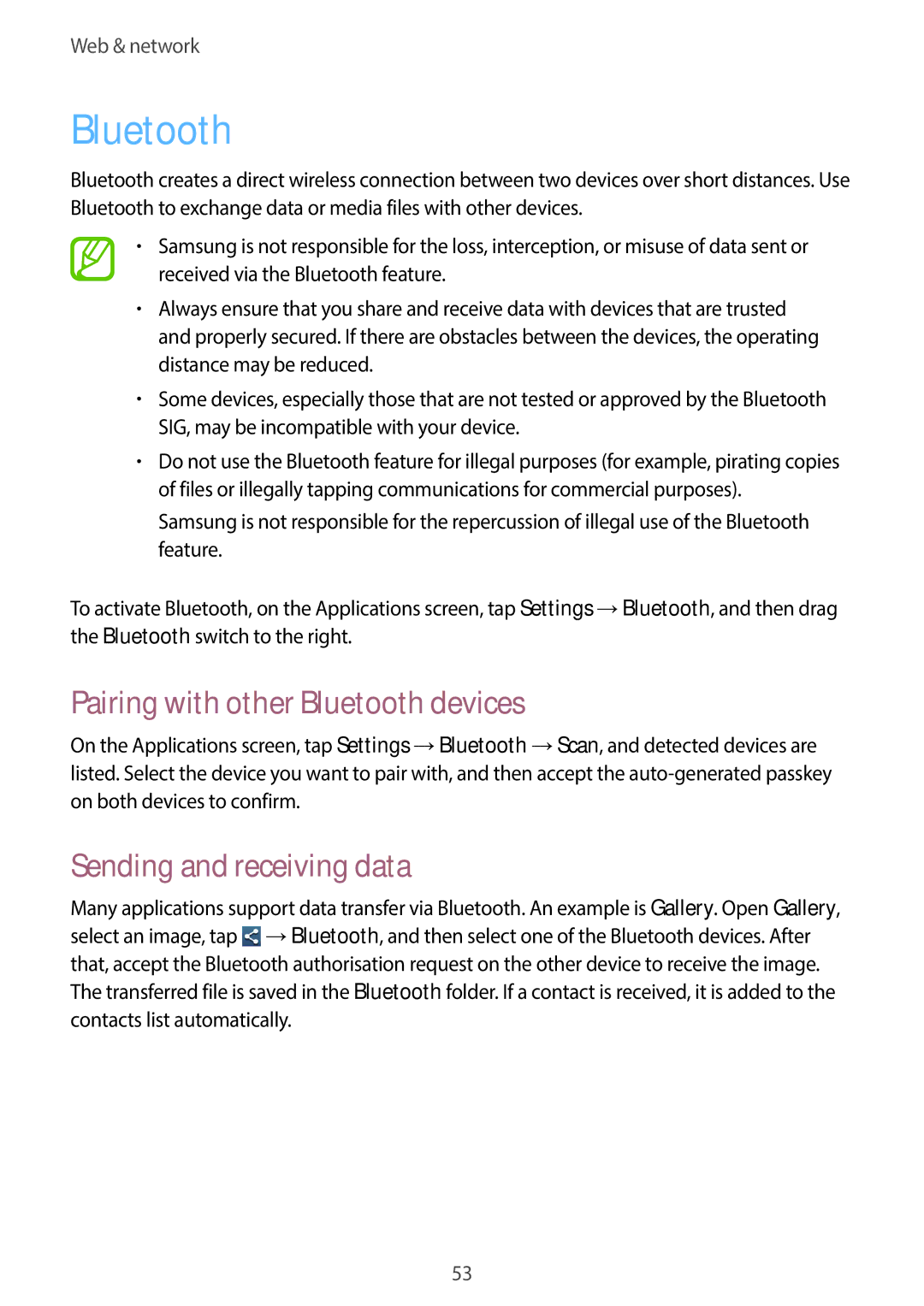 Samsung GT-S7390RWAXEH, GT2S7390MKADBT, GT-S7390RWATUR Pairing with other Bluetooth devices, Sending and receiving data 