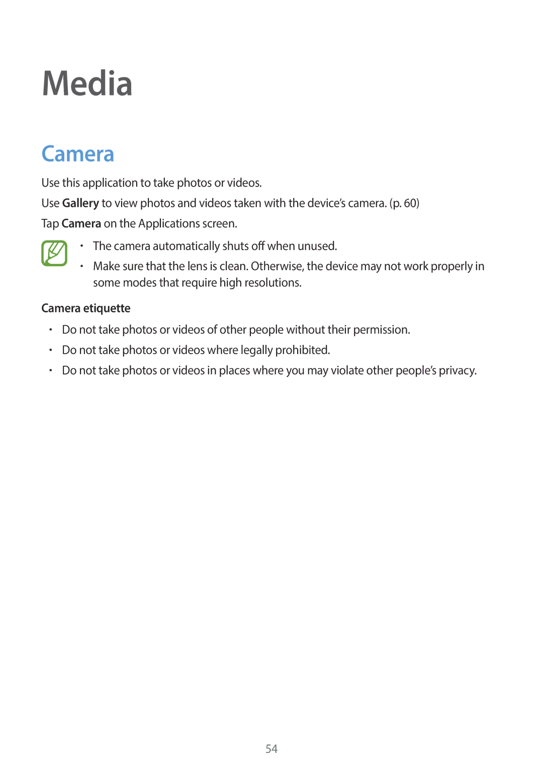 Samsung GT-S7390RWACOA, GT2S7390MKADBT, GT-S7390RWATUR, GT-S7390RWATMN, GT-S7390MKATMN manual Media, Camera etiquette 