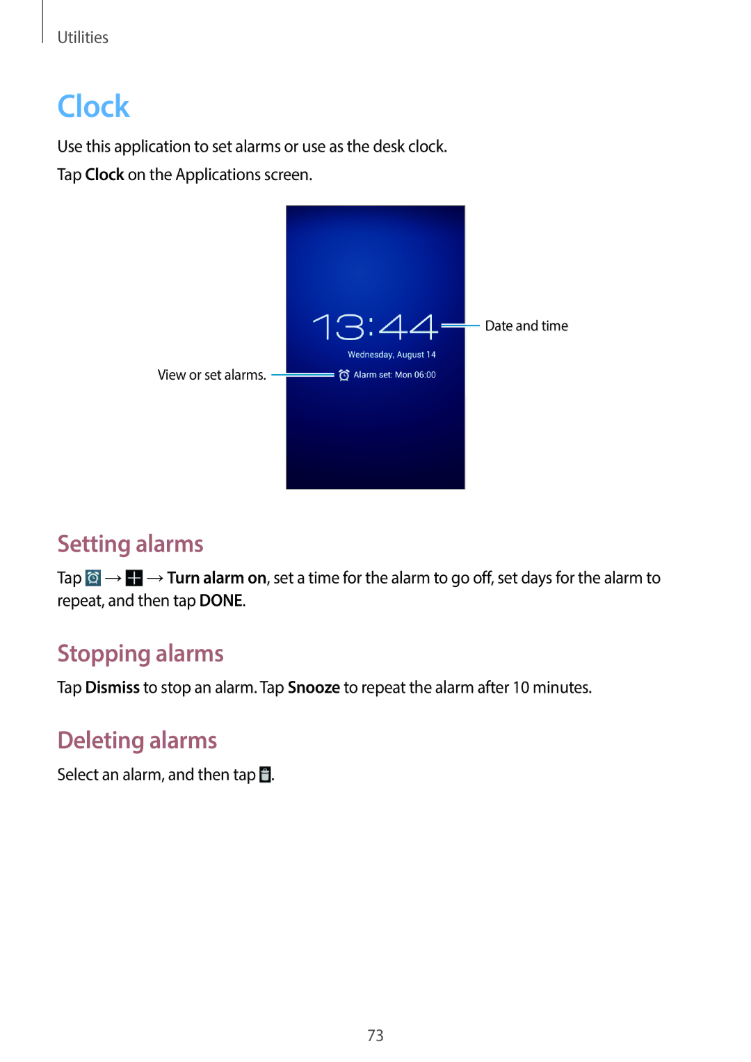 Samsung GT-S7390RWASEB, GT2S7390MKADBT, GT-S7390RWATUR manual Clock, Setting alarms, Stopping alarms, Deleting alarms 