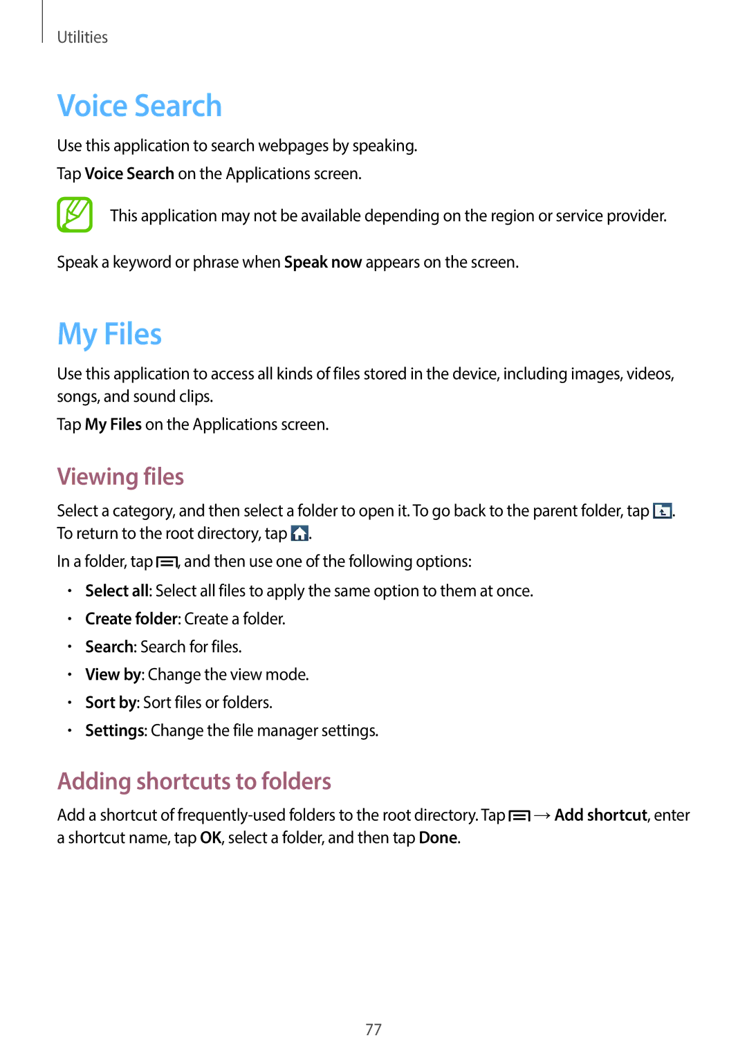 Samsung GT-S7390MKAXEO, GT2S7390MKADBT, GT-S7390RWATUR Voice Search, My Files, Viewing files, Adding shortcuts to folders 