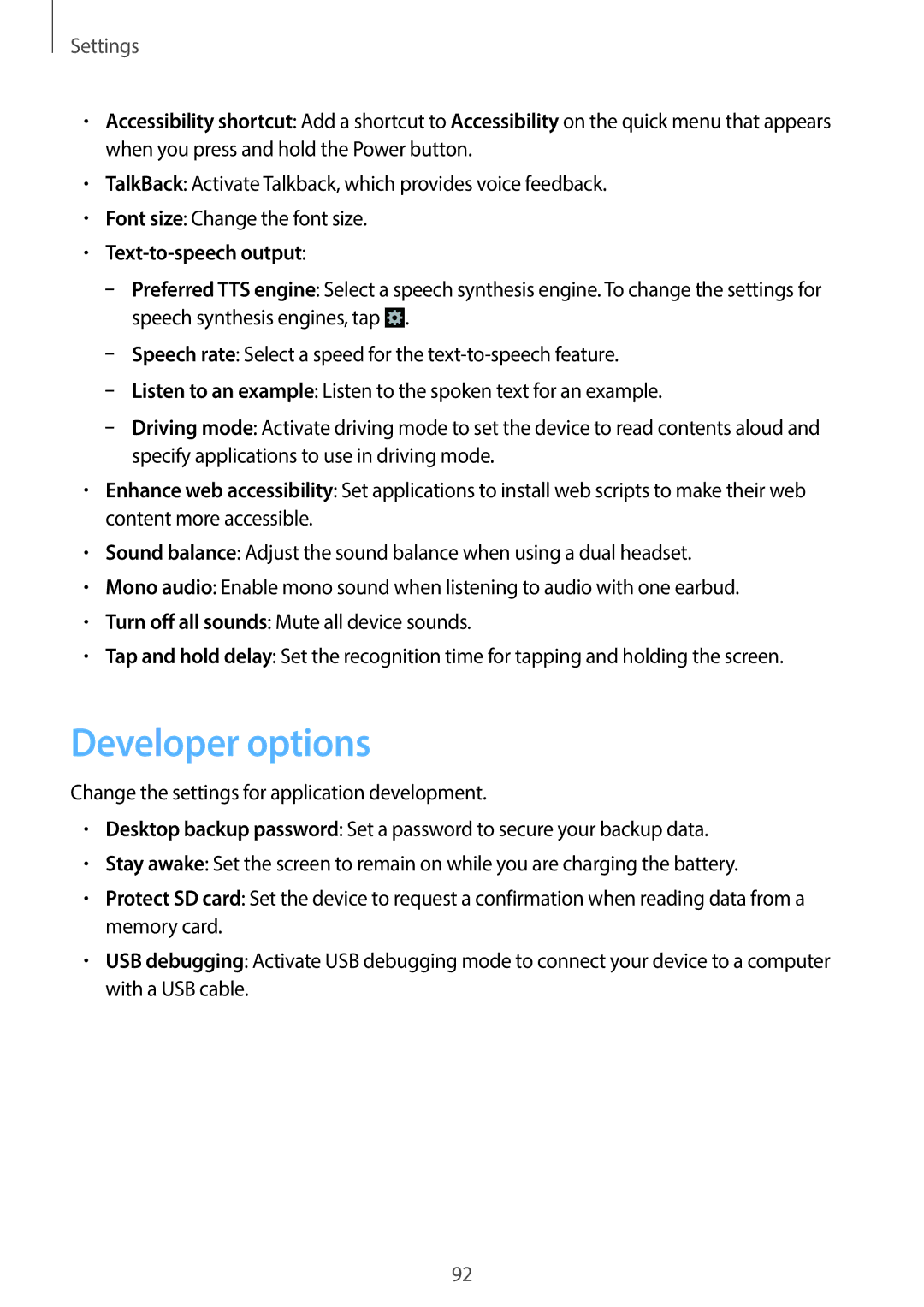 Samsung GT-S7390RWAPHE, GT2S7390MKADBT, GT-S7390RWATUR, GT-S7390RWATMN manual Developer options, Text-to-speech output 