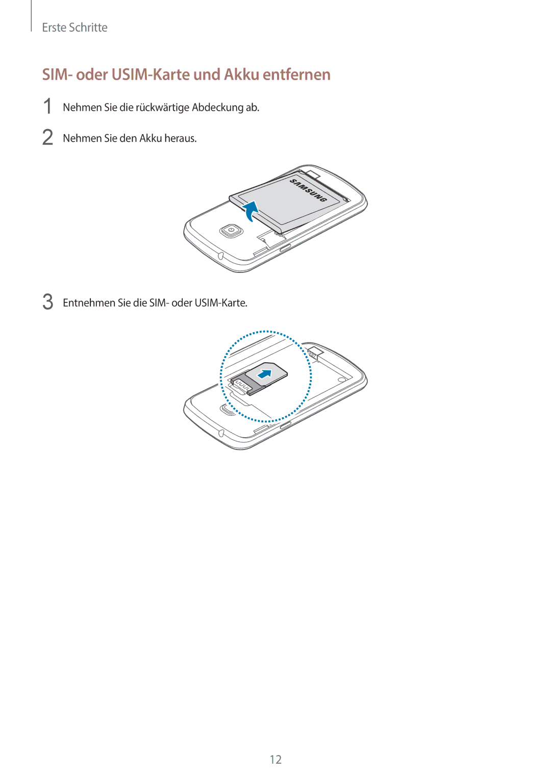 Samsung GT-S7390MKASEB, GT2S7390MKADBT, GT-S7390RWATUR, GT-S7390RWATMN manual SIM- oder USIM-Karte und Akku entfernen 