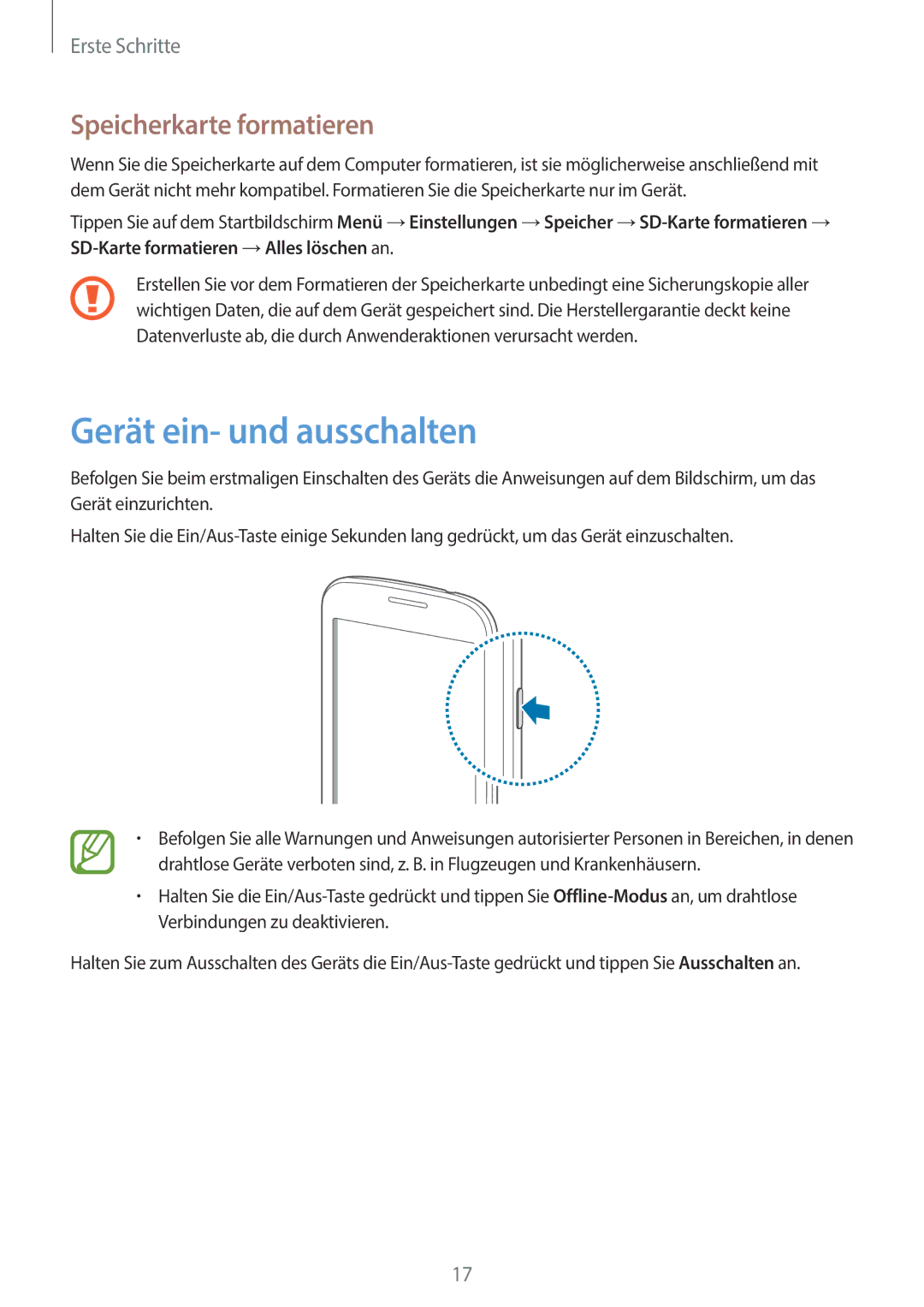 Samsung GT-S7390MKATMN, GT2S7390MKADBT, GT-S7390RWATUR, GT-S7390RWATMN Gerät ein- und ausschalten, Speicherkarte formatieren 