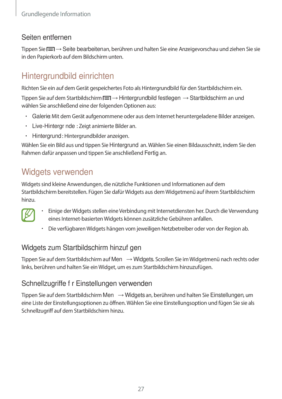 Samsung GT-S7390MRZXEF, GT2S7390MKADBT, GT-S7390RWATUR manual Hintergrundbild einrichten, Widgets verwenden, Seiten entfernen 