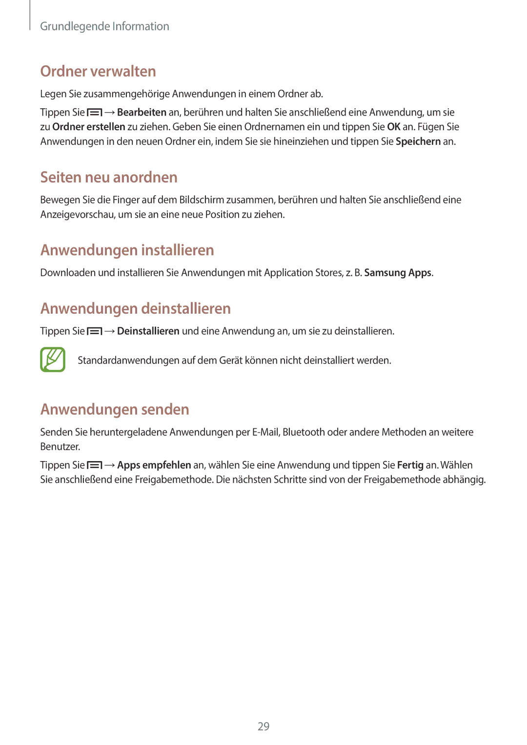 Samsung GT-S7390RWATUR manual Ordner verwalten, Anwendungen installieren, Anwendungen deinstallieren, Anwendungen senden 