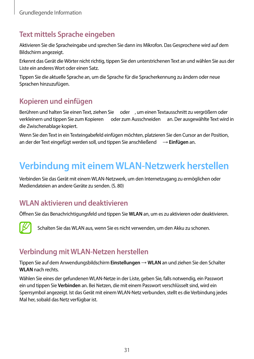 Samsung GT-S7390MKATMN manual Text mittels Sprache eingeben, Kopieren und einfügen, Wlan aktivieren und deaktivieren 
