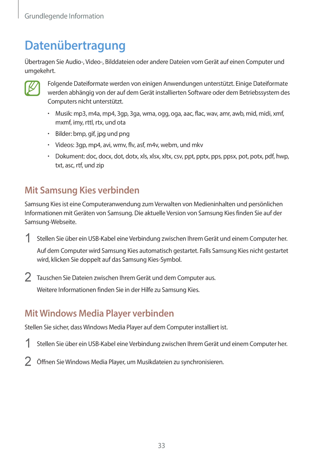 Samsung GT-S7390MKATPH, GT2S7390MKADBT Datenübertragung, Mit Samsung Kies verbinden, Mit Windows Media Player verbinden 