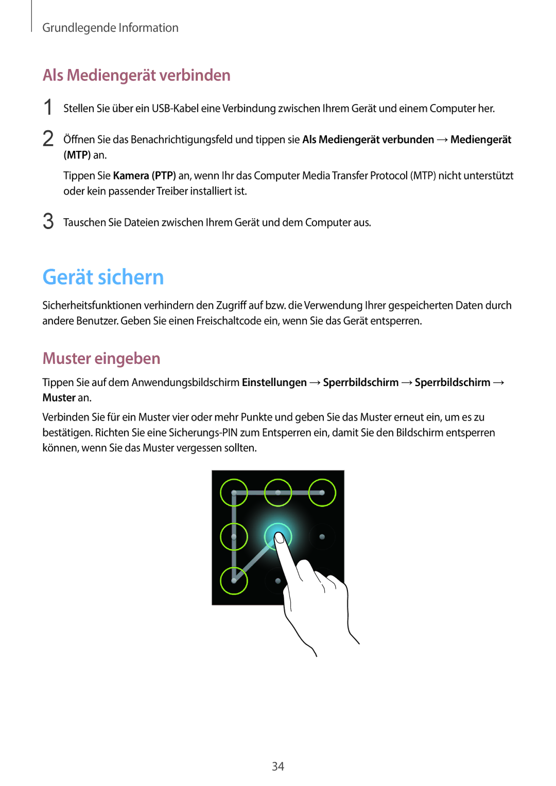 Samsung GT2S7390RWADBT, GT2S7390MKADBT, GT-S7390RWATUR manual Gerät sichern, Als Mediengerät verbinden, Muster eingeben 