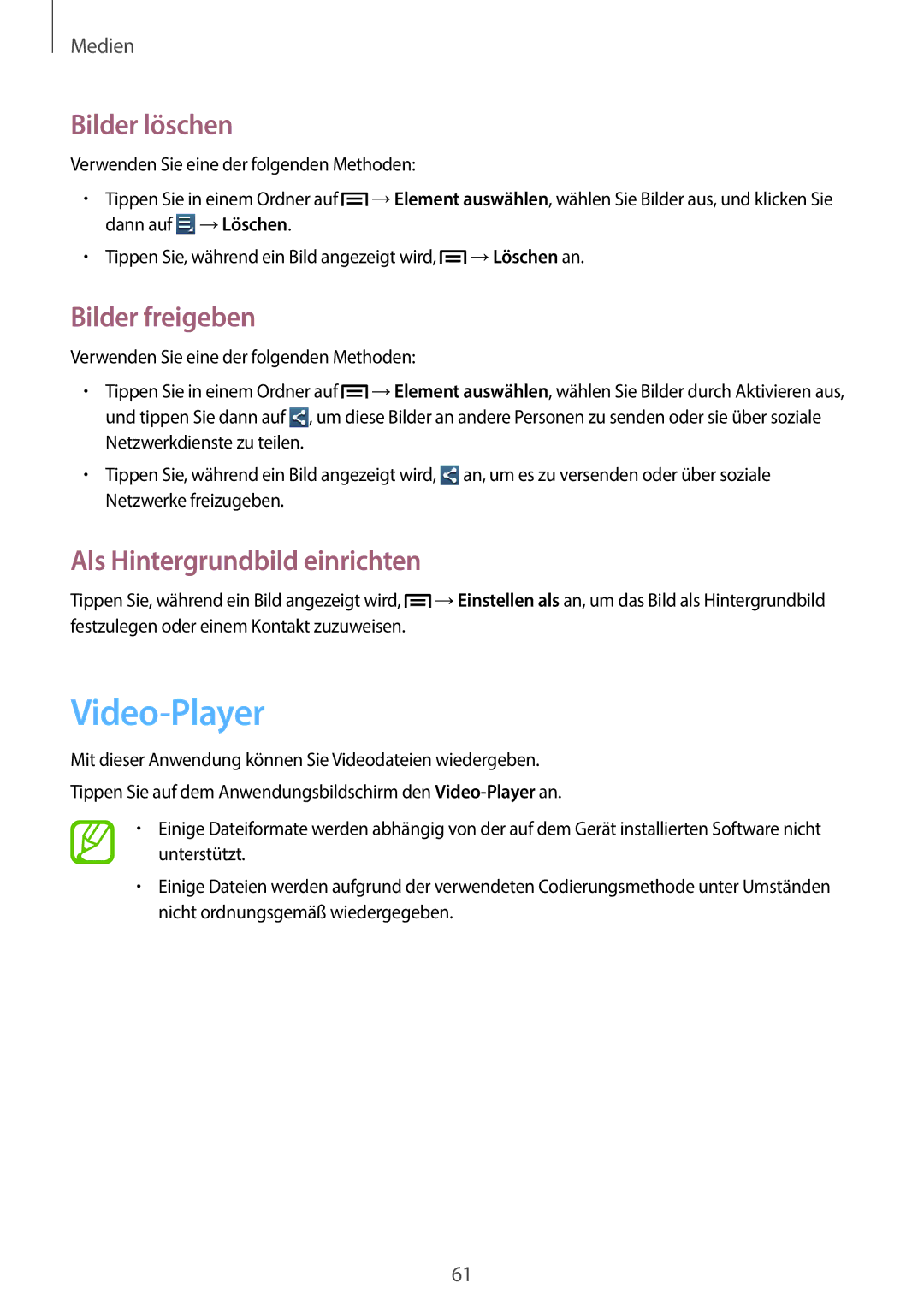 Samsung GT-S7390MKATPH, GT2S7390MKADBT manual Video-Player, Bilder löschen, Bilder freigeben, Als Hintergrundbild einrichten 