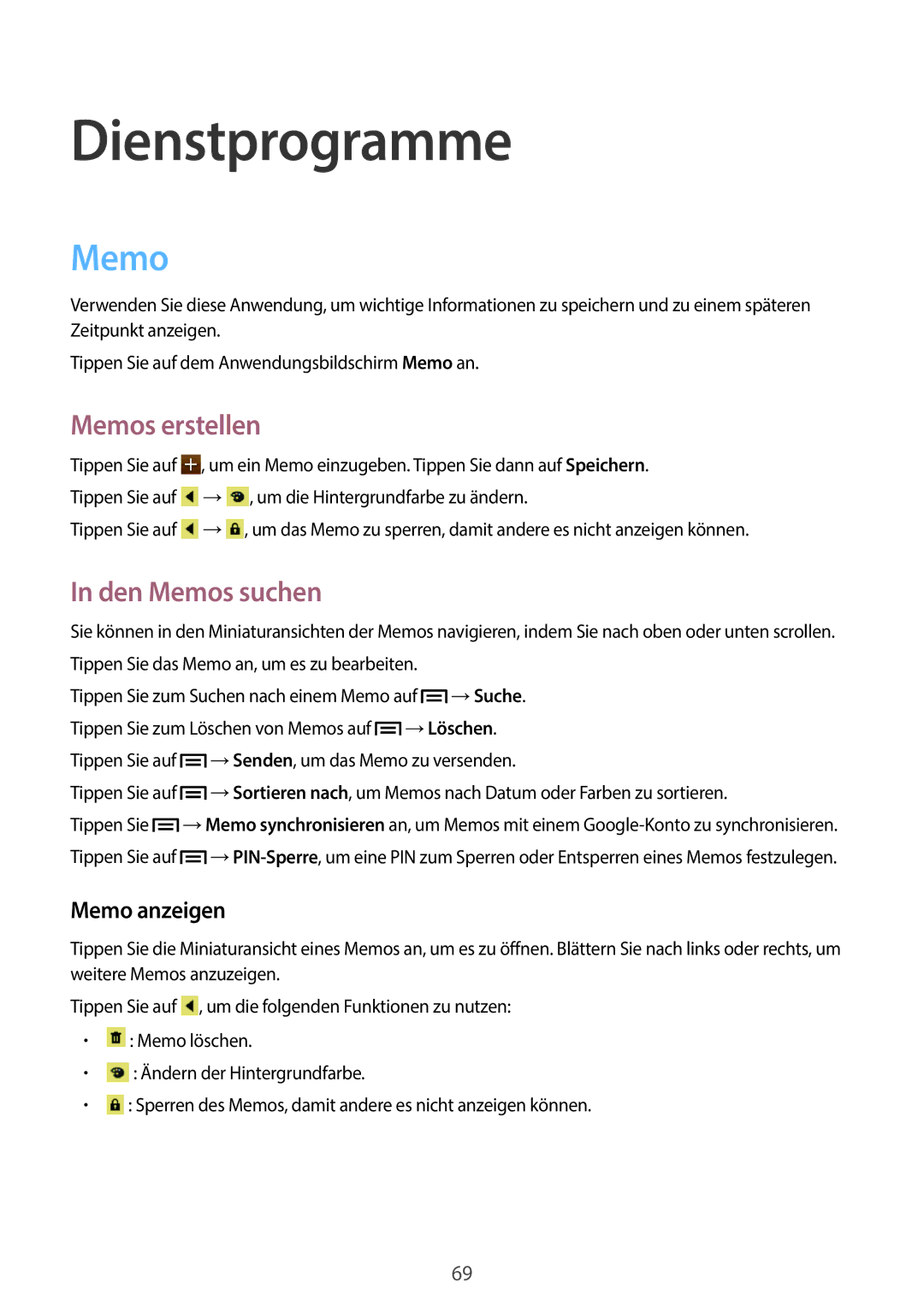 Samsung GT-S7390MRZXEF, GT2S7390MKADBT, GT-S7390RWATUR manual Dienstprogramme, Memos erstellen, Den Memos suchen 