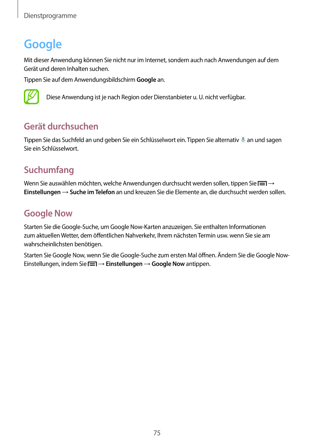 Samsung GT-S7390MKATPH, GT2S7390MKADBT, GT-S7390RWATUR, GT-S7390RWATMN manual Gerät durchsuchen, Suchumfang, Google Now 