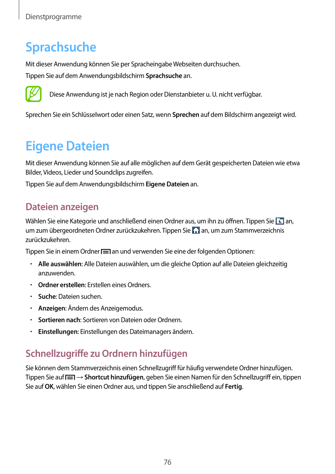 Samsung GT2S7390RWADBT manual Sprachsuche, Eigene Dateien, Dateien anzeigen, Schnellzugriffe zu Ordnern hinzufügen 