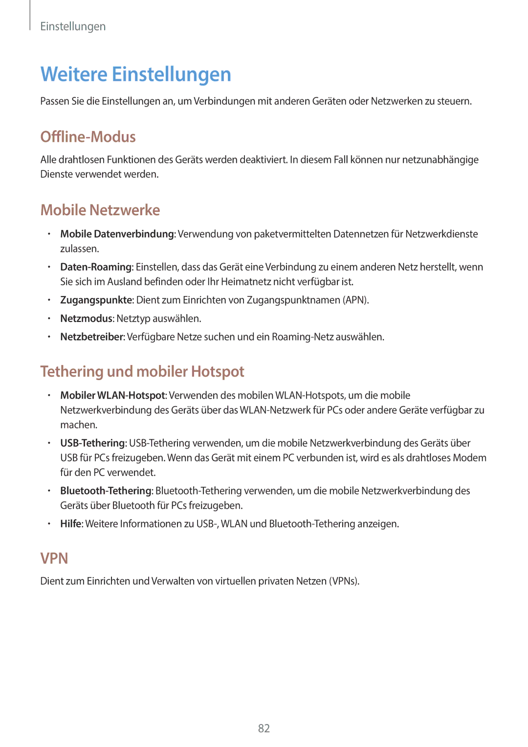 Samsung GT-S7390MKASEB manual Weitere Einstellungen, Offline-Modus, Mobile Netzwerke, Tethering und mobiler Hotspot 