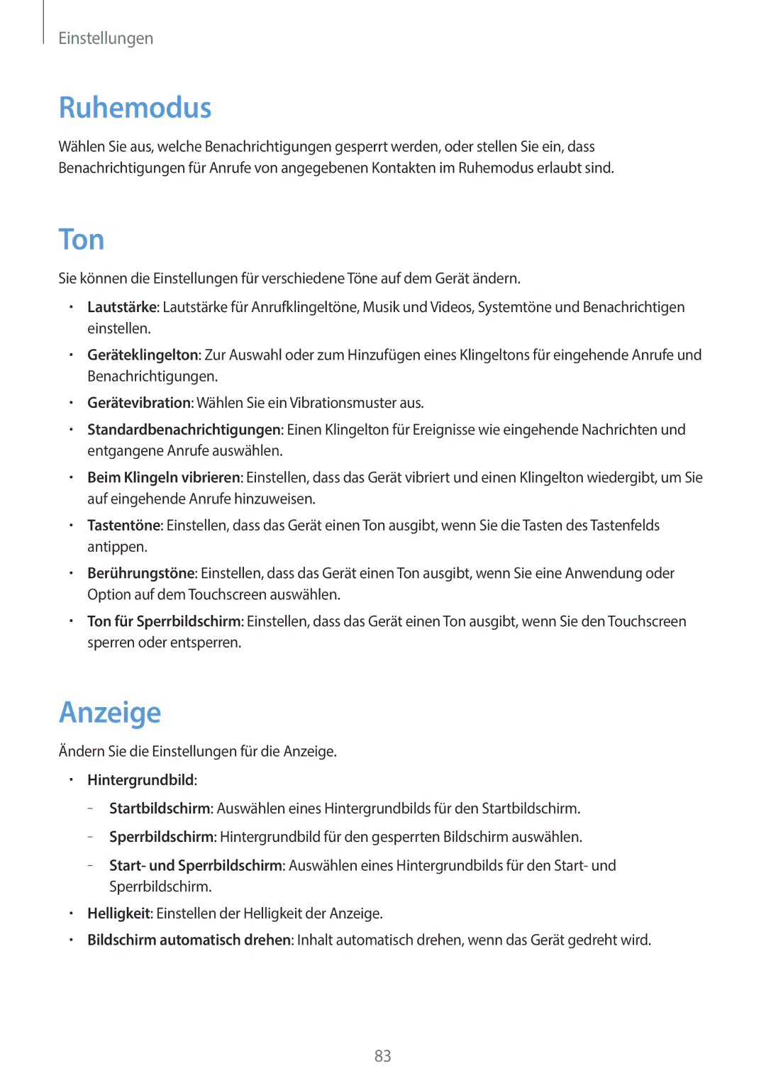 Samsung GT-S7390MRZXEF, GT2S7390MKADBT, GT-S7390RWATUR, GT-S7390RWATMN manual Ruhemodus, Ton, Anzeige, Hintergrundbild 