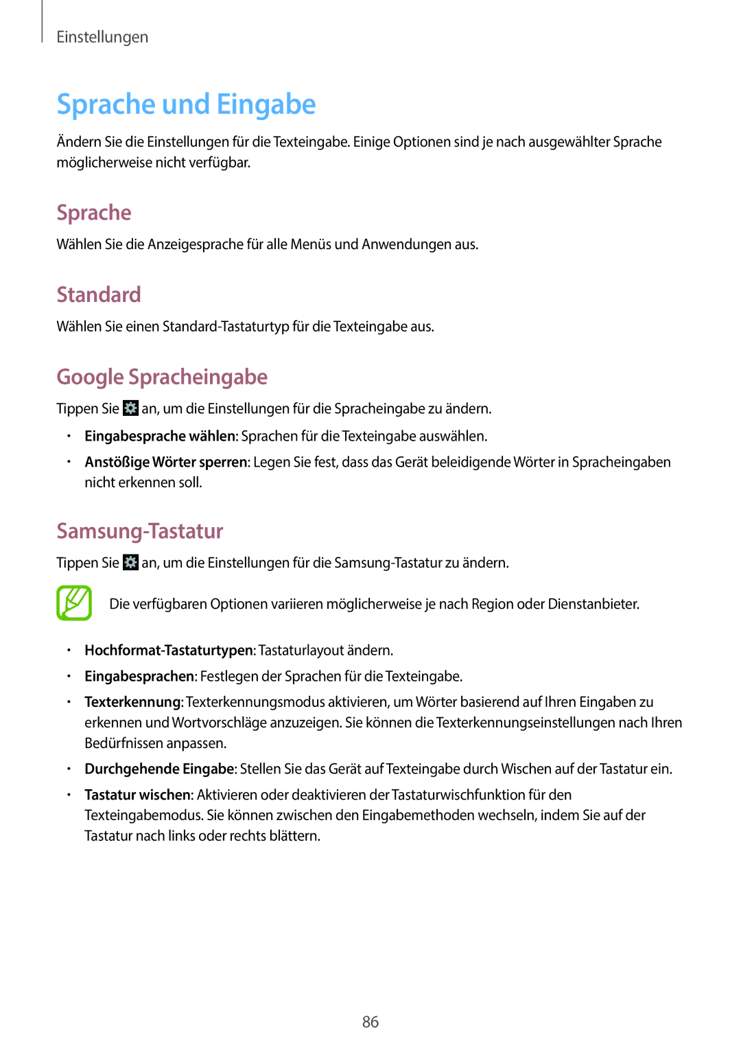 Samsung GT-S7390RWATMN, GT2S7390MKADBT manual Sprache und Eingabe, Standard, Google Spracheingabe, Samsung-Tastatur 