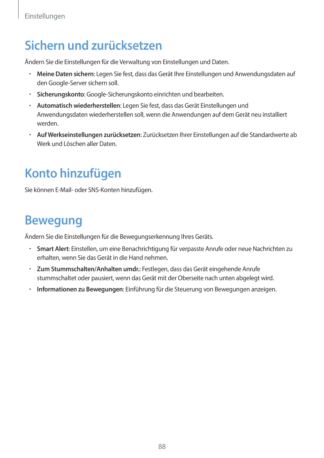 Samsung GT-S7390RWASEB, GT2S7390MKADBT, GT-S7390RWATUR, GT-S7390RWATMN Sichern und zurücksetzen, Konto hinzufügen, Bewegung 