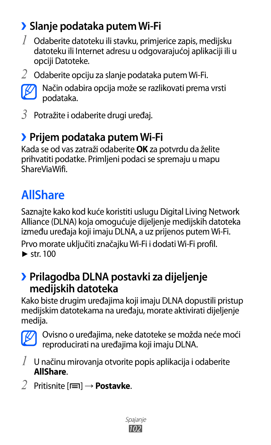 Samsung GT2S7500ABAVIP, GT-S7500CWATWO manual AllShare, ››Slanje podataka putem Wi-Fi, ››Prijem podataka putem Wi-Fi 